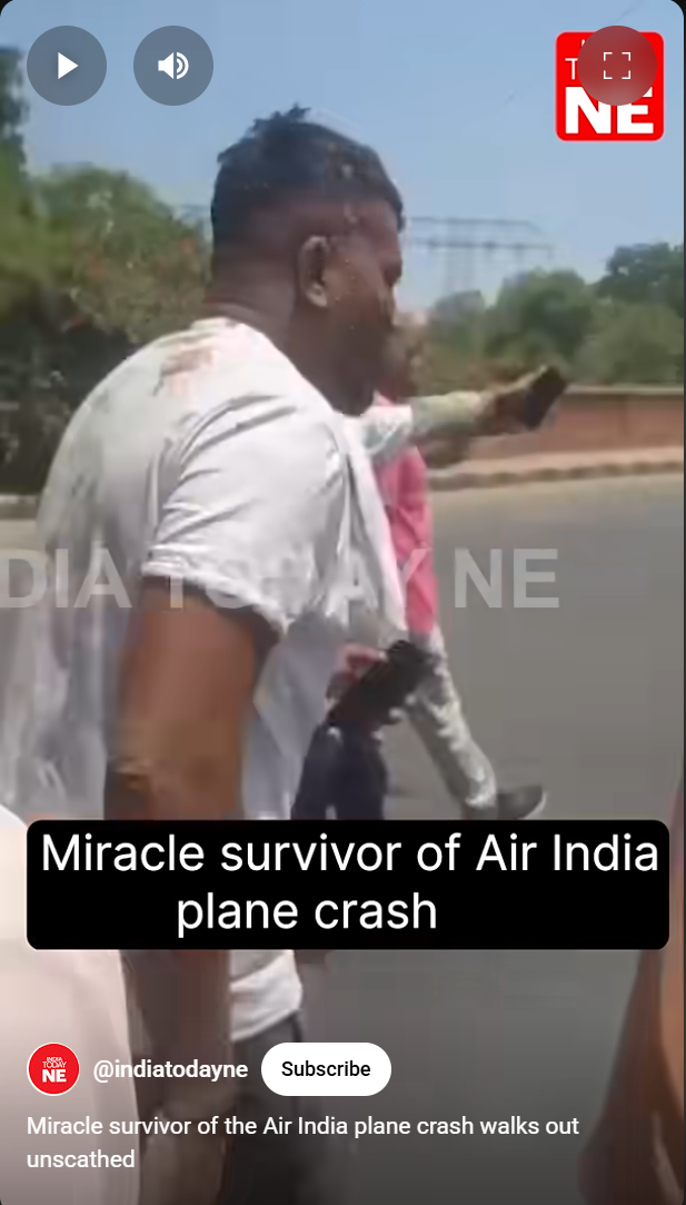 Sole survivor of Air India crash and British national, Vishwashkumar Ramesh walks out of the crash site with few burns and bruises| Source: Youtube/IndiaTodayNe
