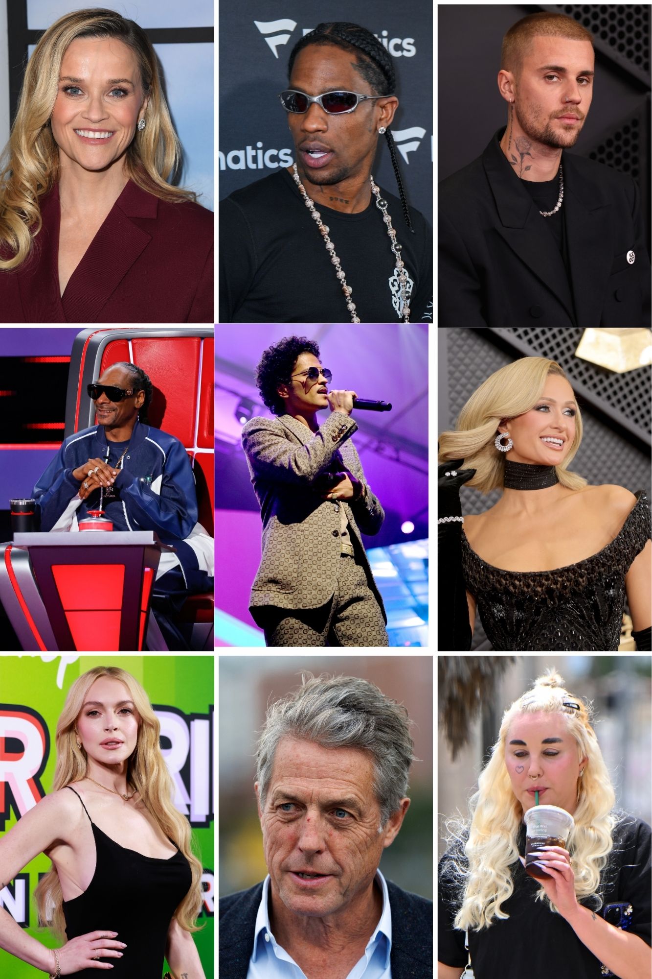 Reese Witherspoon | Travis Scott | Justin Bieber | Snoop Dogg | Bruno Mars | Paris Hilton | Lindsay Lohan | Hugh Grant | Amanda Bynes | Source: Getty Images