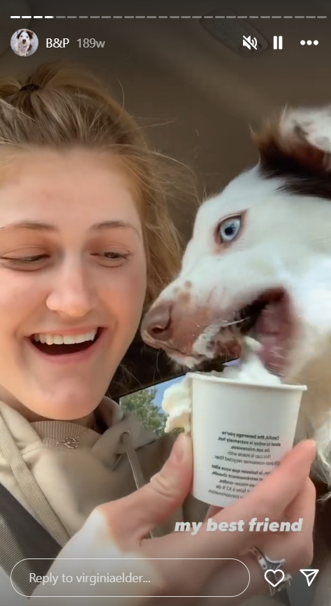 Virginia Elder feeds dog-friendly ice cream to Bleau. | Source: Instagram/virginiaelder