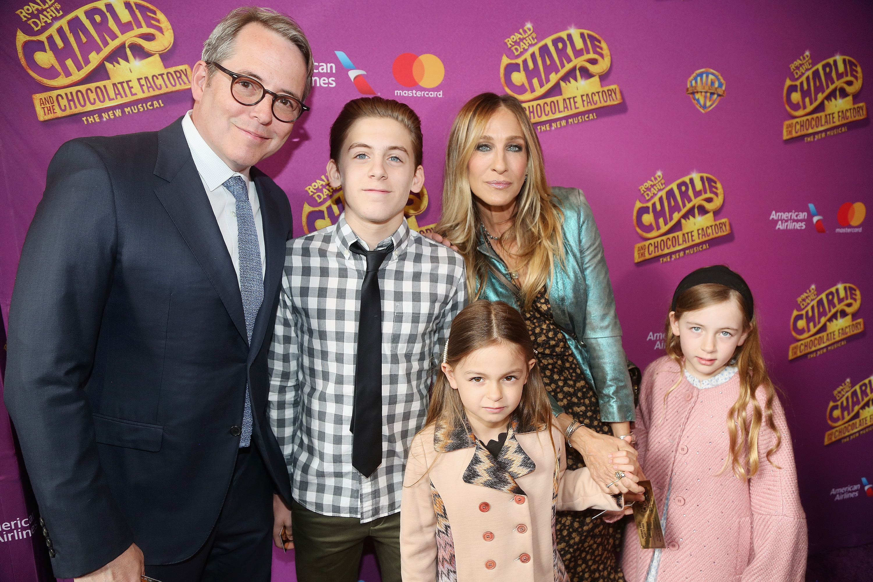 Matthew Broderick and Sarah Jessica Parker with their kids, James Wilkie Broderick, Tabitha and Marion Broderick, at the opening night of the Broadway musical "Charlie and The Chocolate Factory" in New York City on April 23, 2017. | Source: Getty Images