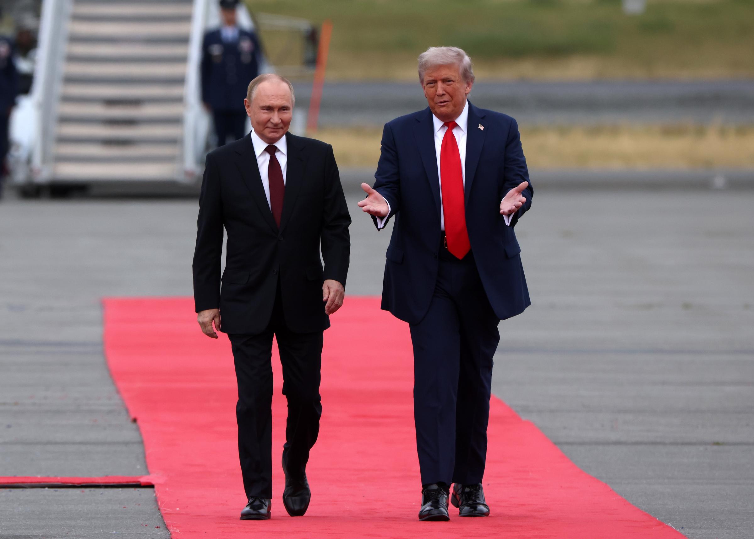 Vladimir Putin and Donald Trump meet for their summit on the war in Ukraine, at U.S. Air Base on August 15, 2025, in Anchorage, Alaska | Source: Getty Images