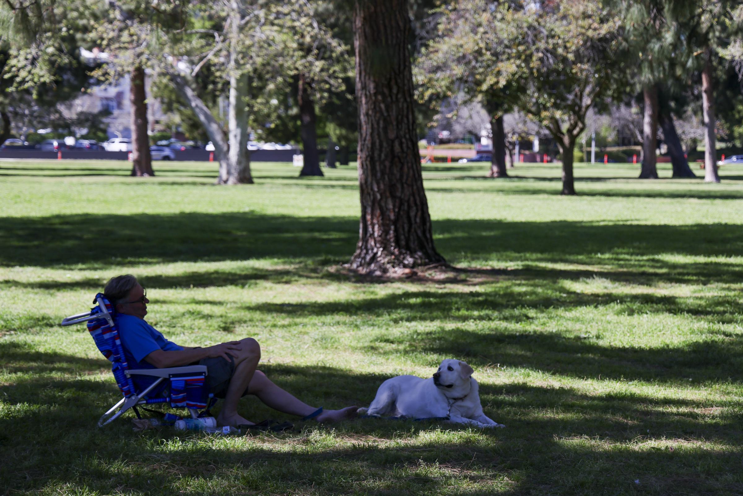 A man relaxes in the shade with his dog on a hot afternoon at Warner Center Park in Woodland Hills, California, on March 24, 2025 | Source: Getty Images