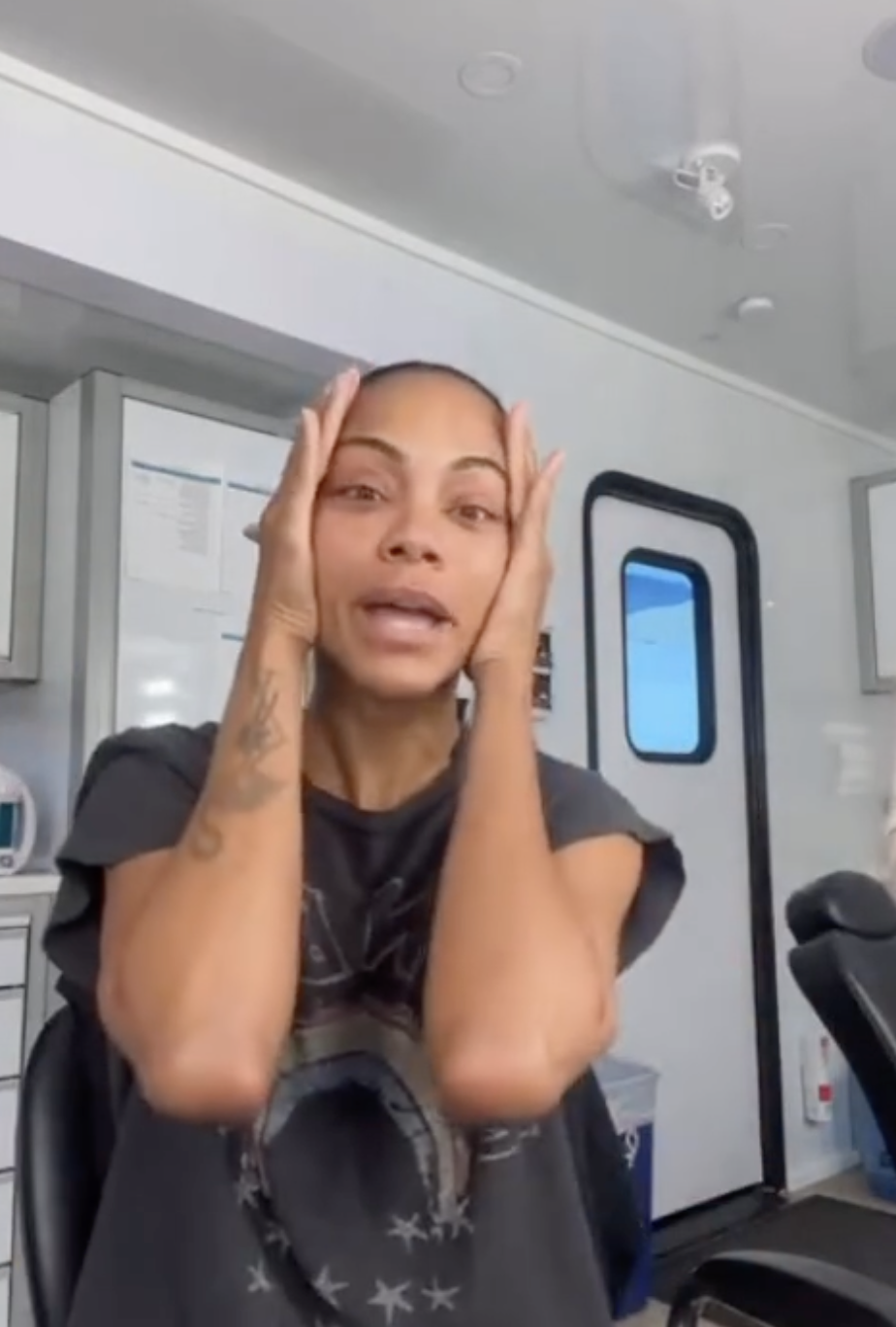 Zoe Saldaña in a video where she was makeup-free in a set trailer, posted on November 10, 2025. | Source: Instagram/zoesaldana