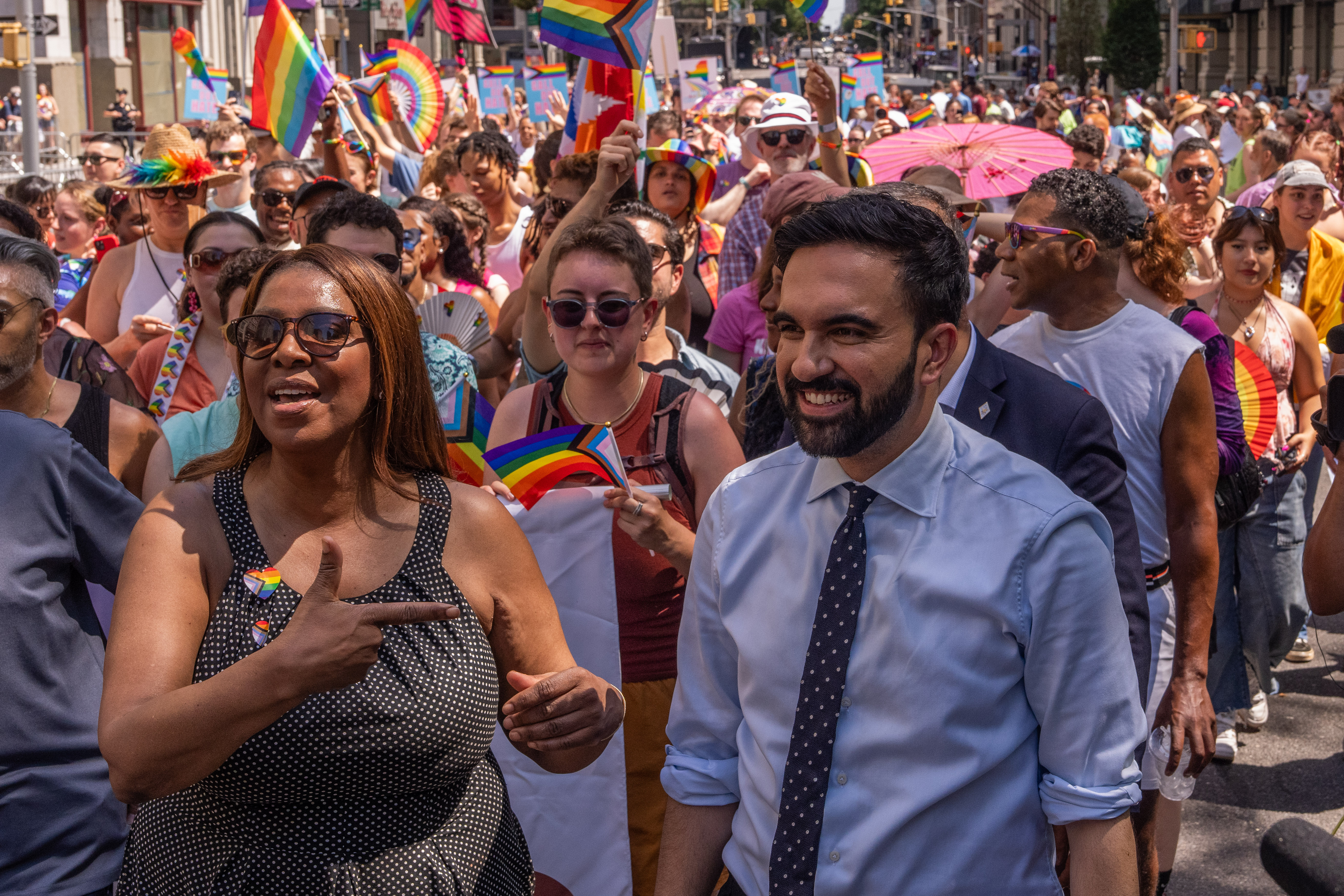 Zohran Mamdani and New York Attorney General Letitia James attend the 2025 NYC Pride March on June 29 in New York City. | Source: Getty Images