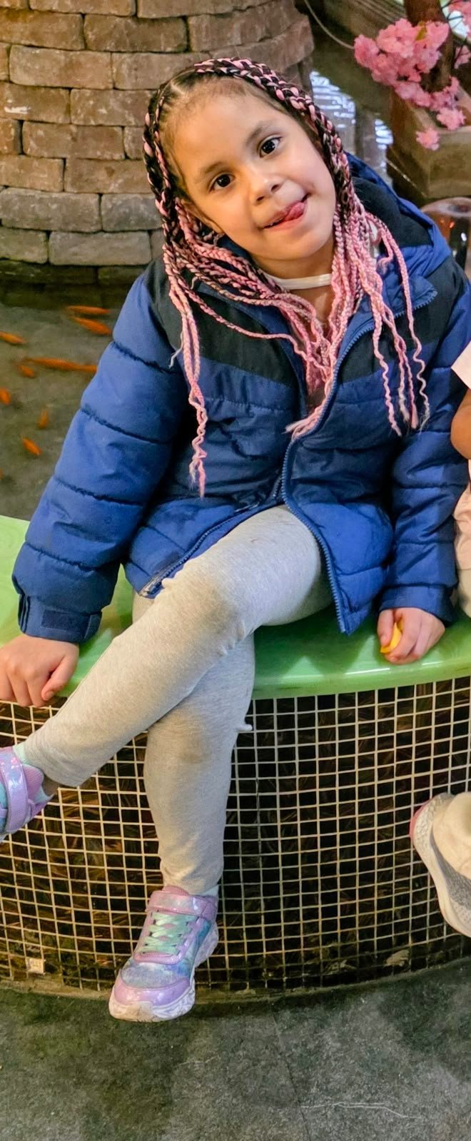 Eddimar Paola Hernández Chacón sat cross-legged with a cheeky expression, playfully sticking her tongue out as she rested along a curved tiled edge. Bundled up in a bright royal blue puffer jacket with dark accents over light grey leggings, she showed off pink-accented braids and iridescent pastel sneakers. | Source: GoFundMe