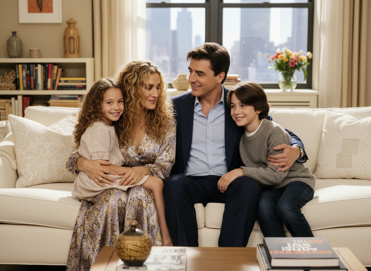 Carrie and Big with their two kids, if they had a family. | Source: Grok