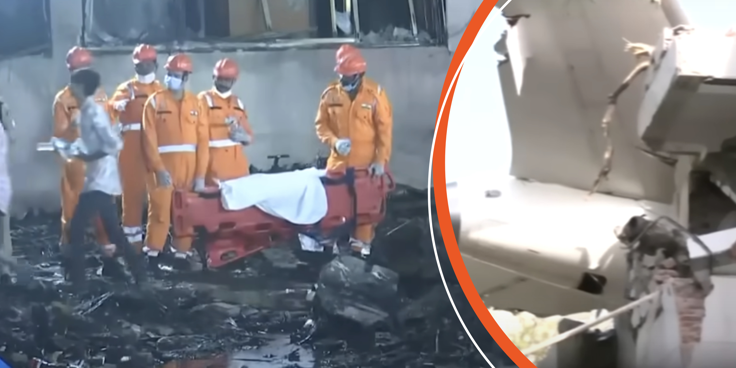 Rescue workers recover bodies from the crash site | Part of the aircraft embedded in the building exterior | Source: YouTube/ABCNews
