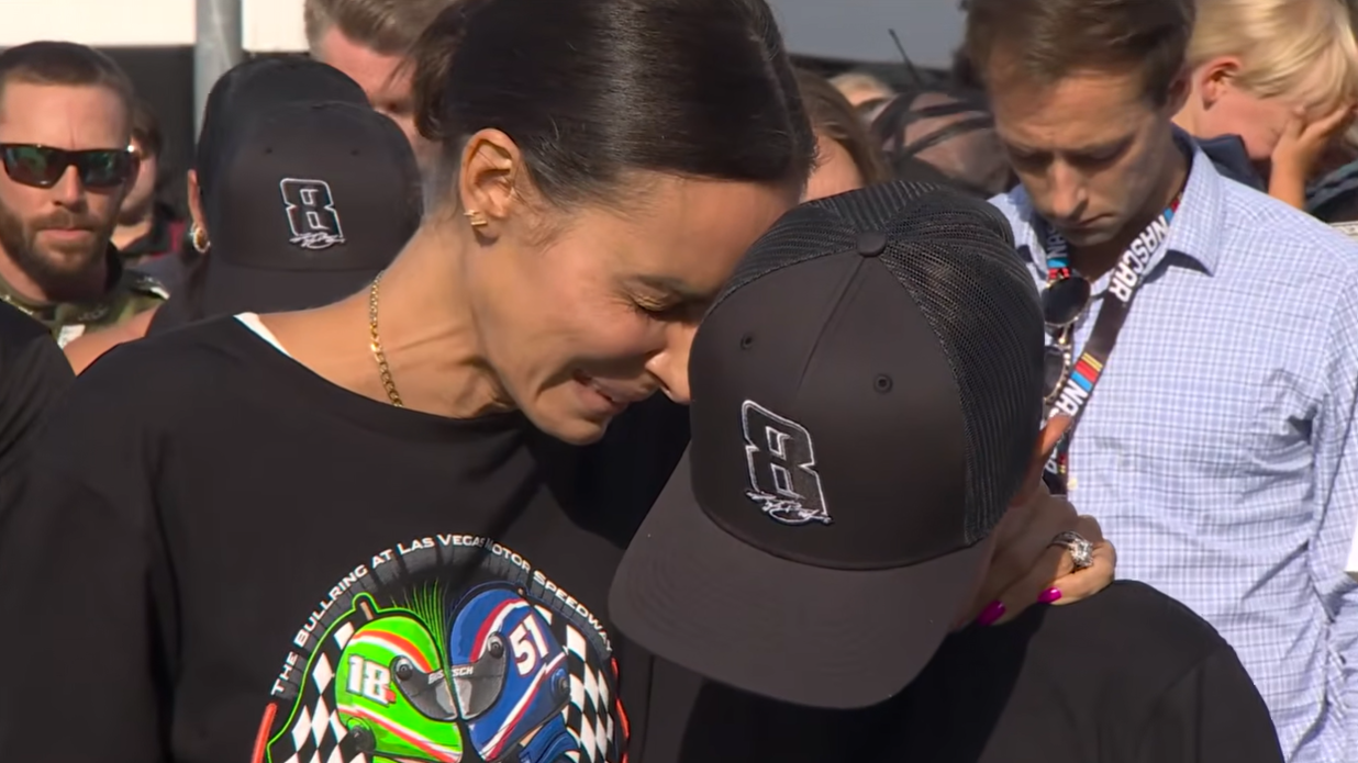 Samantha Busch comforts son Brexton during a tribute for Kyle Busch before the Coca-Cola 600 on May 24, 2026 | Source: YouTube/NASCAR