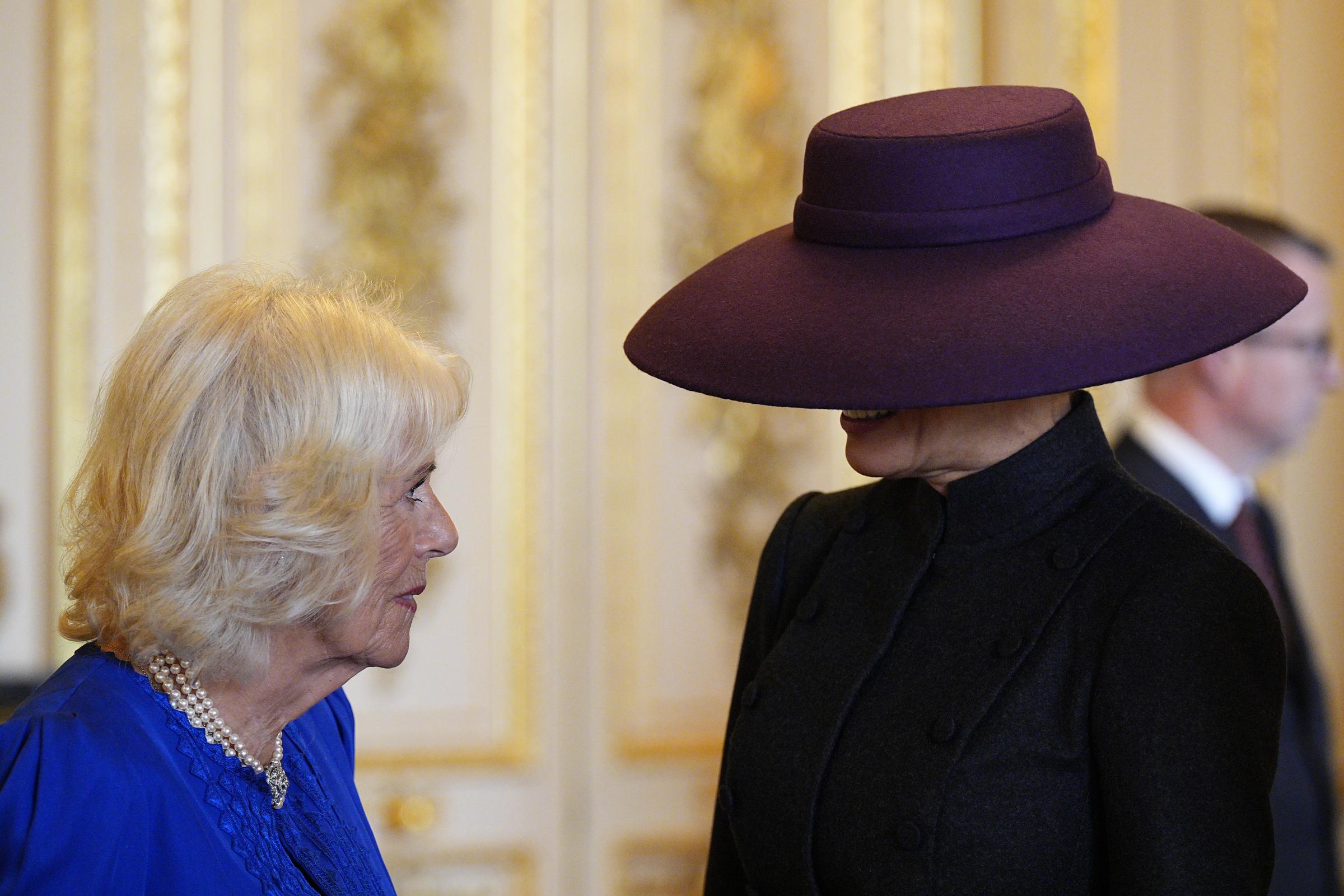 Queen Camilla and First Lady Melania Trump during a visit to the Royal Collection exhibition on September 17, 2025, in Windsor, England. | Source: Getty Images