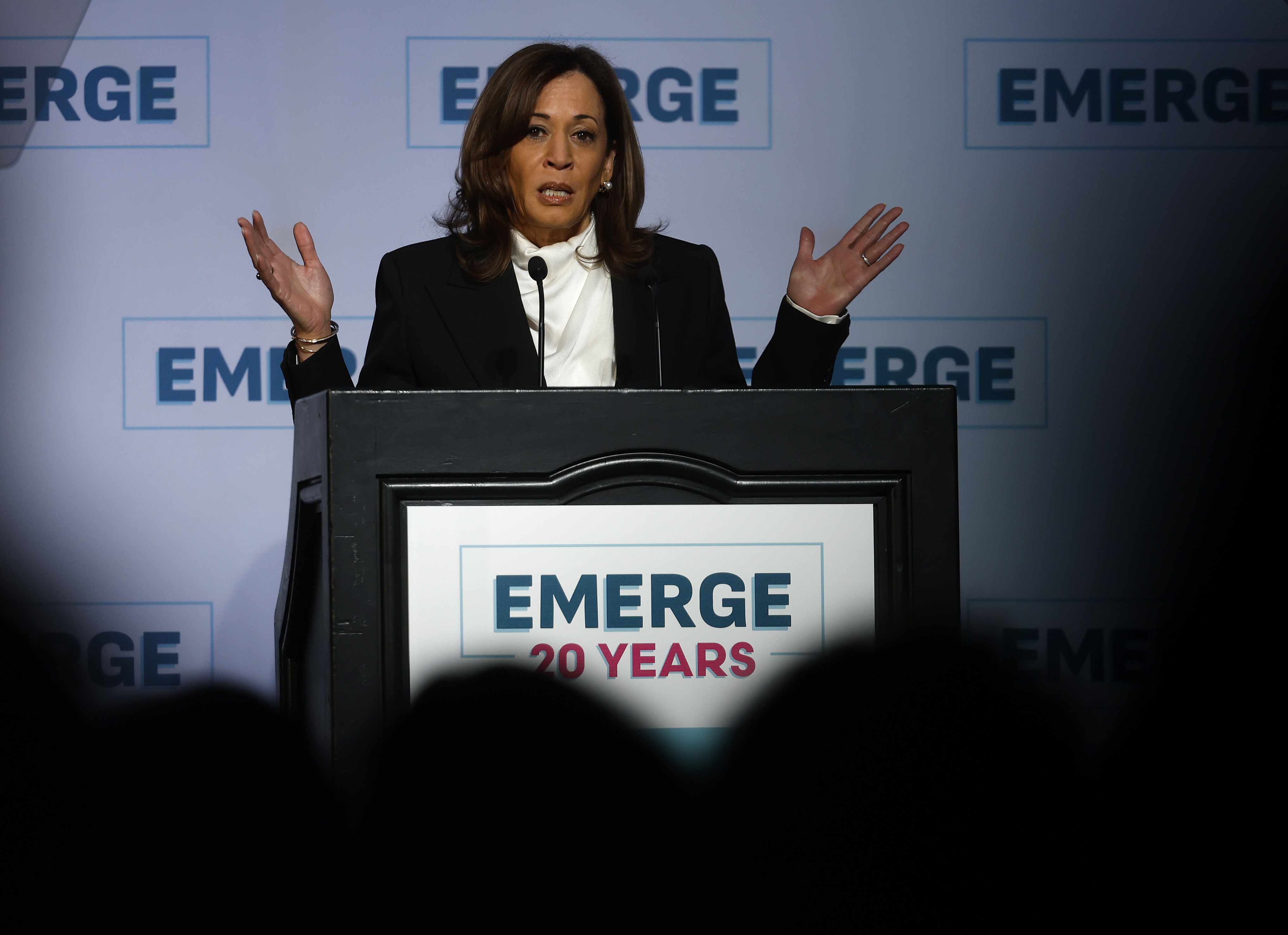 Former U.S. President Kamala Harris giving a speech during the Emerge 20th Anniversary Gala in San Francisco, California on April 30, 2025. | Source: Getty Images