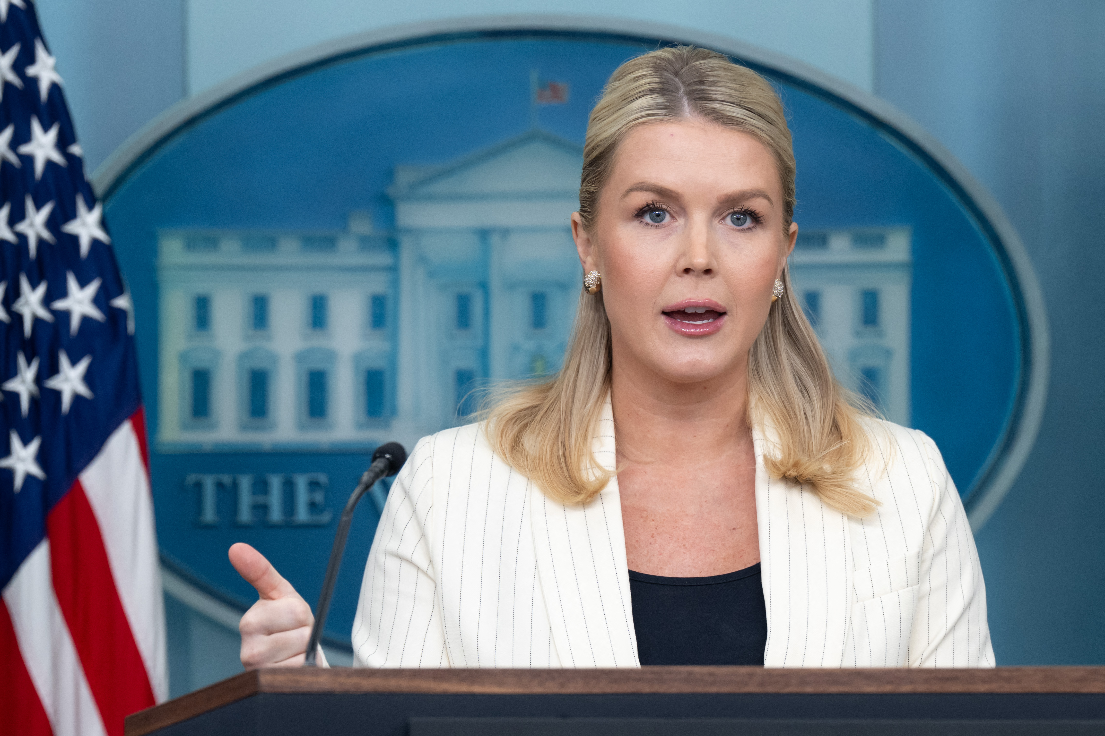 Press Secretary Karoline Leavitt addressing the media during a press briefing in the Brady Press Briefing Room of the White House in Washington, D.C., on February 10, 2026. | Source: Getty Images