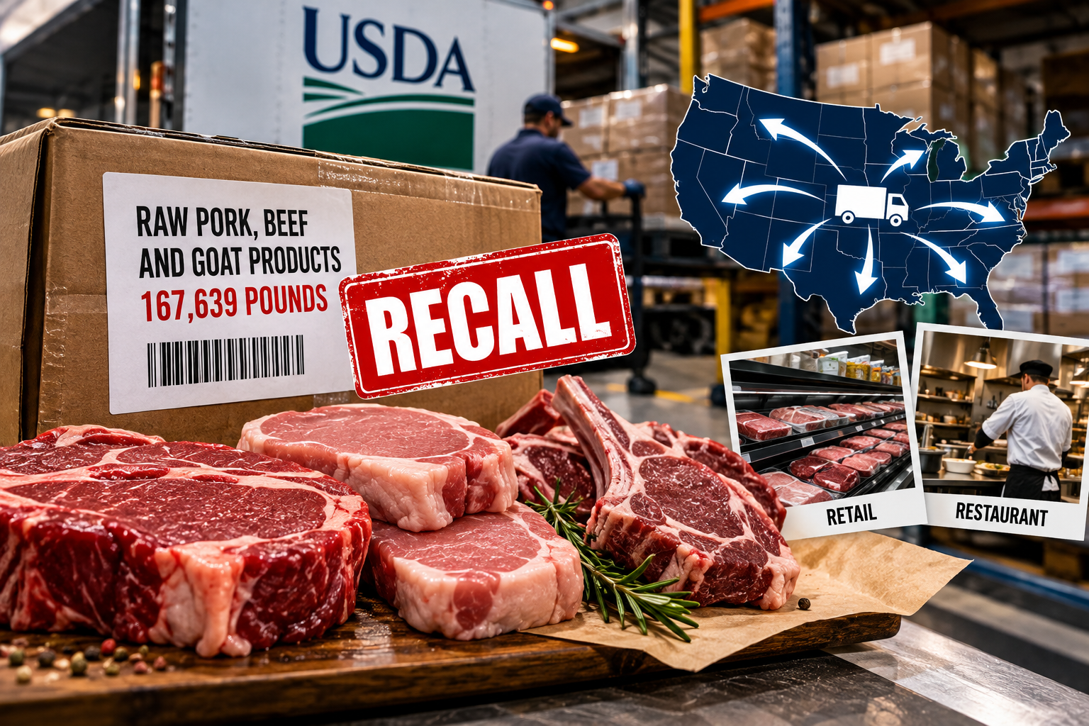 Illustration of the nationwide distribution of raw pork, beef and goat products involved in the September 2026 USDA recall, which affects approximately 167,639 pounds of meat. | Source: ChatGPT