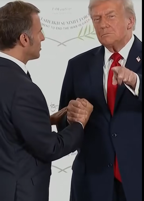 French President Emmanuel Macron briefly taps on President Donald Trump's hands, from a video post dated October 13, 2025 | Source: TikTok/reuters