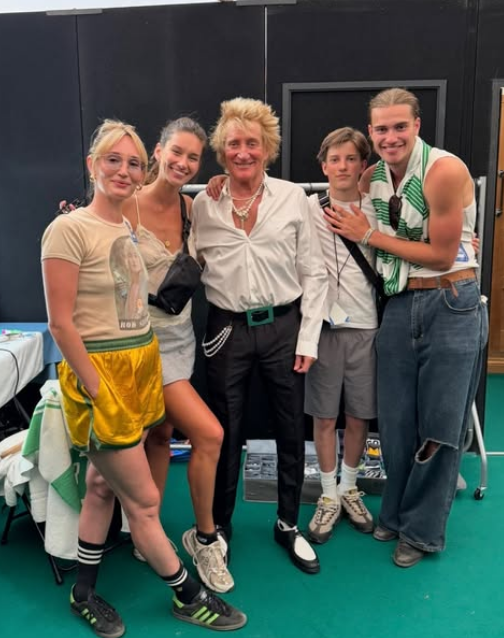 Rod Stewart celebrates backstage after his performance at Glastonbury Festival alongside four of his eight children, Ruby, Renee, Aiden, and Alastair, on June 30, 2025. | Source: Instagram/sirrodstewart