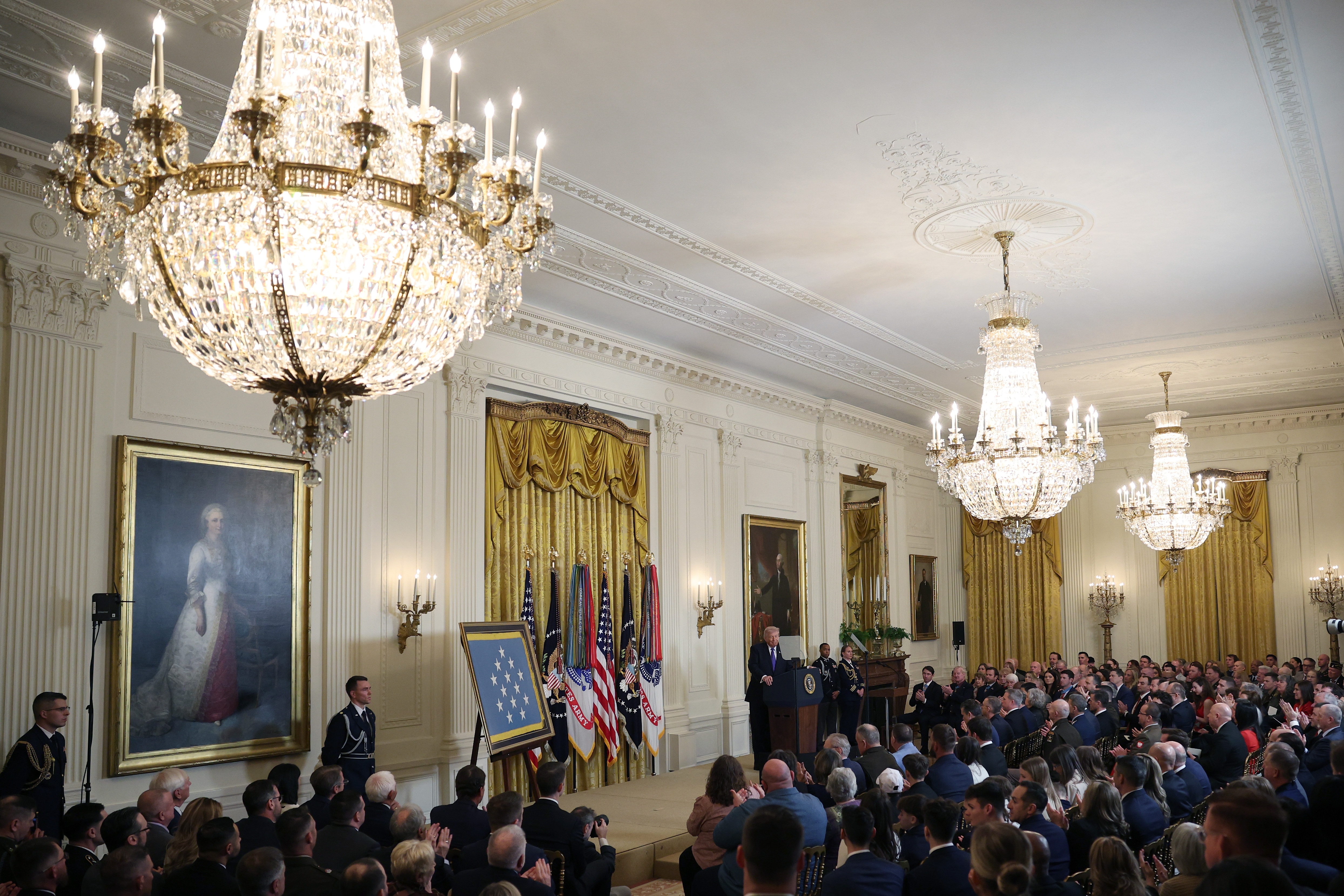 Donald Trump speaks during a Medal of Honor Ceremony in the East Room of the White House on March 2, 2026, in Washington, DC | Source: Getty Images