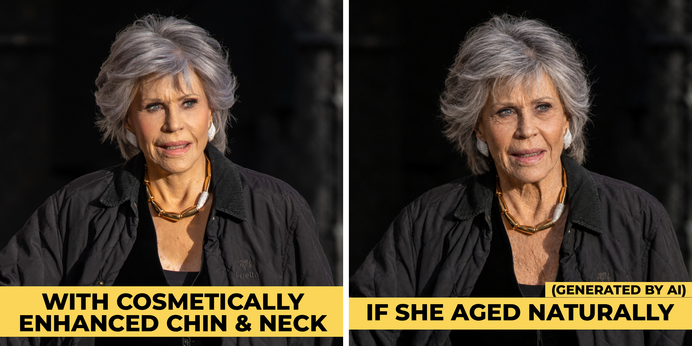 A side-by-side comparison of Jane Fonda's actual appearance (left) and an AI-generated visualization. | Source: Getty Images | ChatGPT