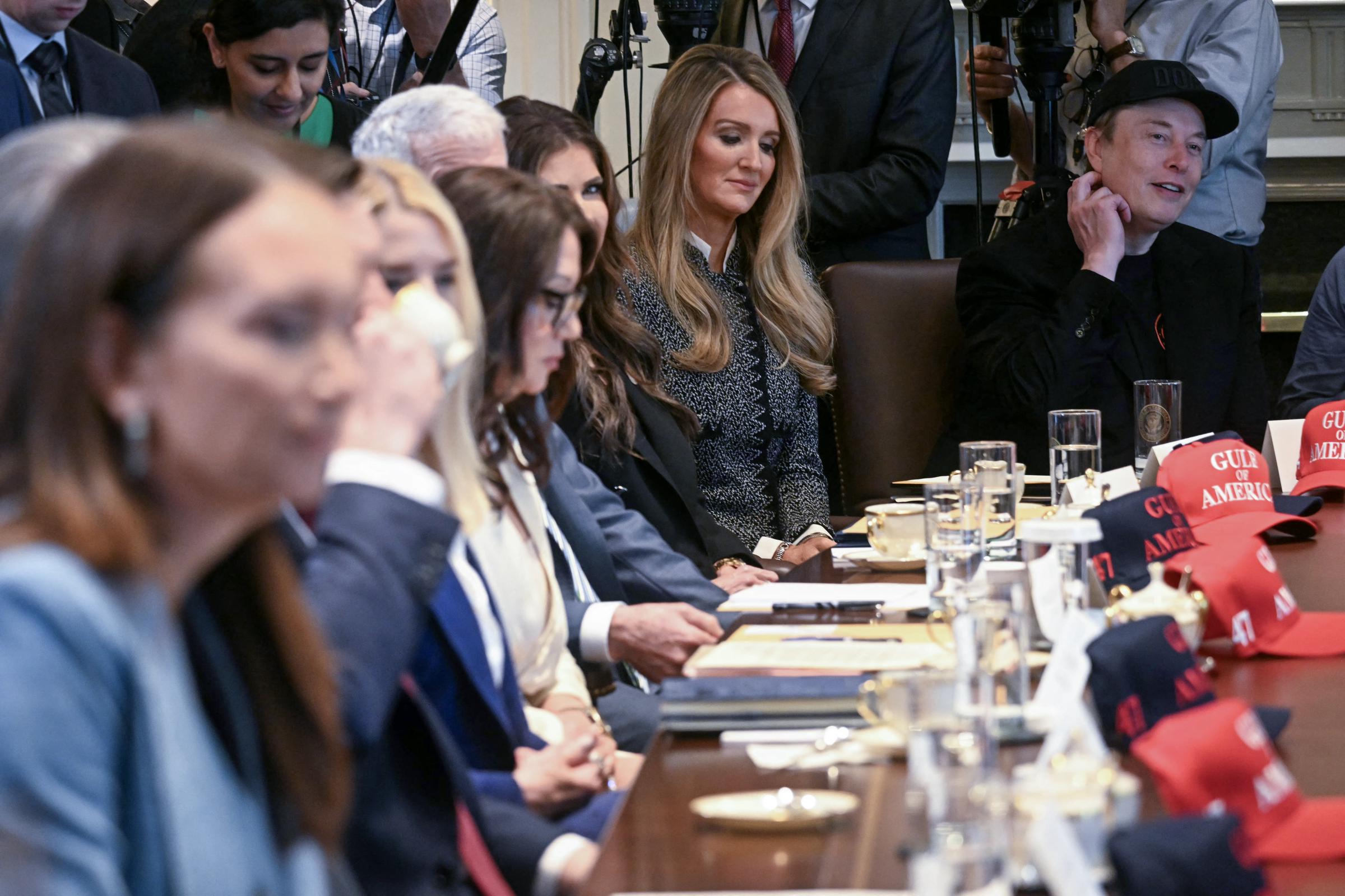 US Small Business Association Administrator Kelly Loeffler and Elon Musk at a meeting in the Cabinet Room | Source: Getty Images