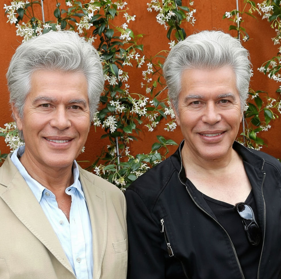 Igor and Grichka Bogdanoff’s black hair has naturally turned gray, as have their eyebrows. As they smile, their lips appear natural without puffiness, and their cheeks form a gentle, natural curve — features reminiscent of how they might have looked without cosmetic surgery. | Source: Gemini AI.