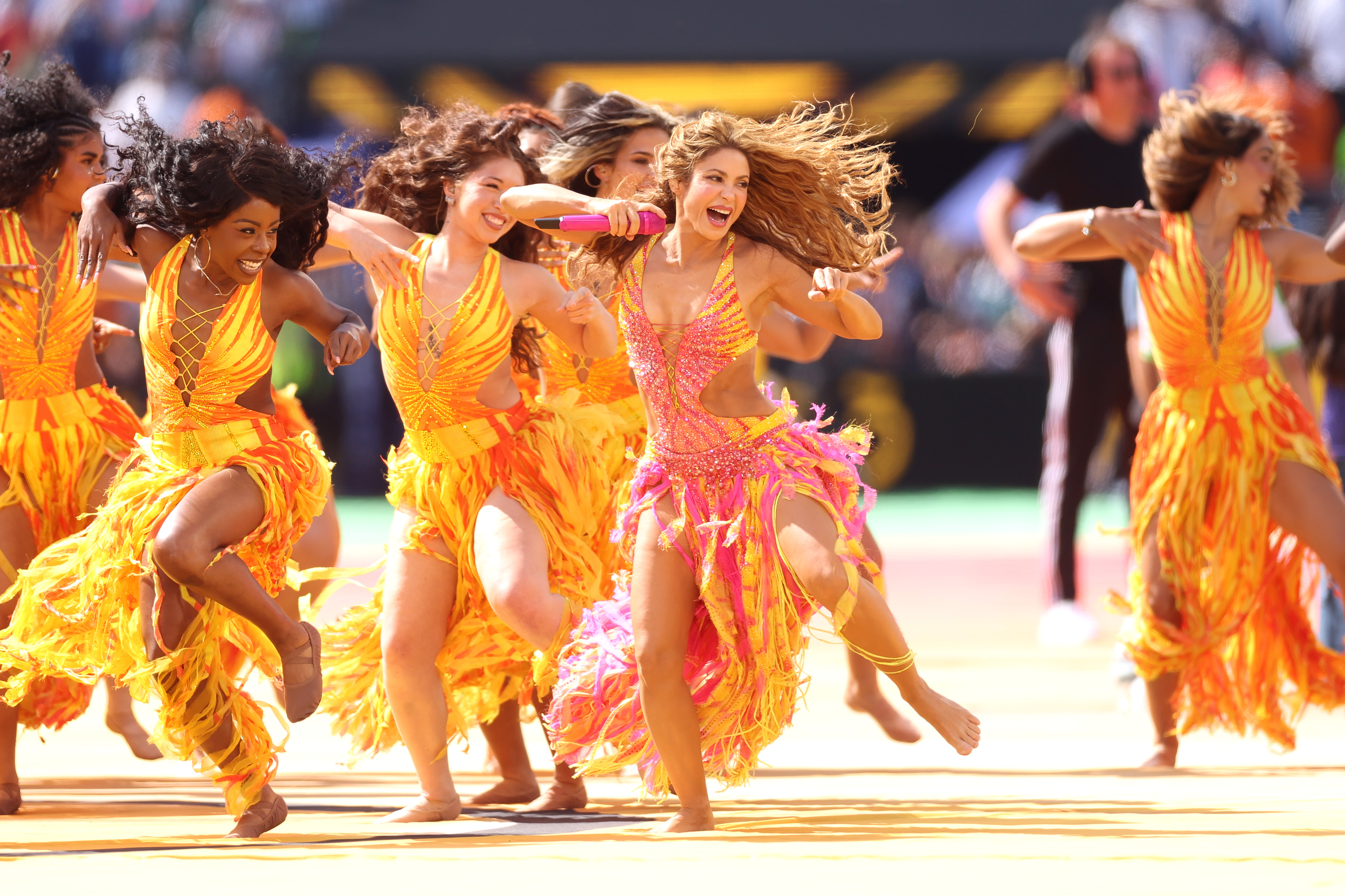 Shakira performs and dominates the Topps Final Halftime Show stage alongside Burna Boy, creating a historic moment as the first artists to headline a World Cup Final. | Source: Getty Images