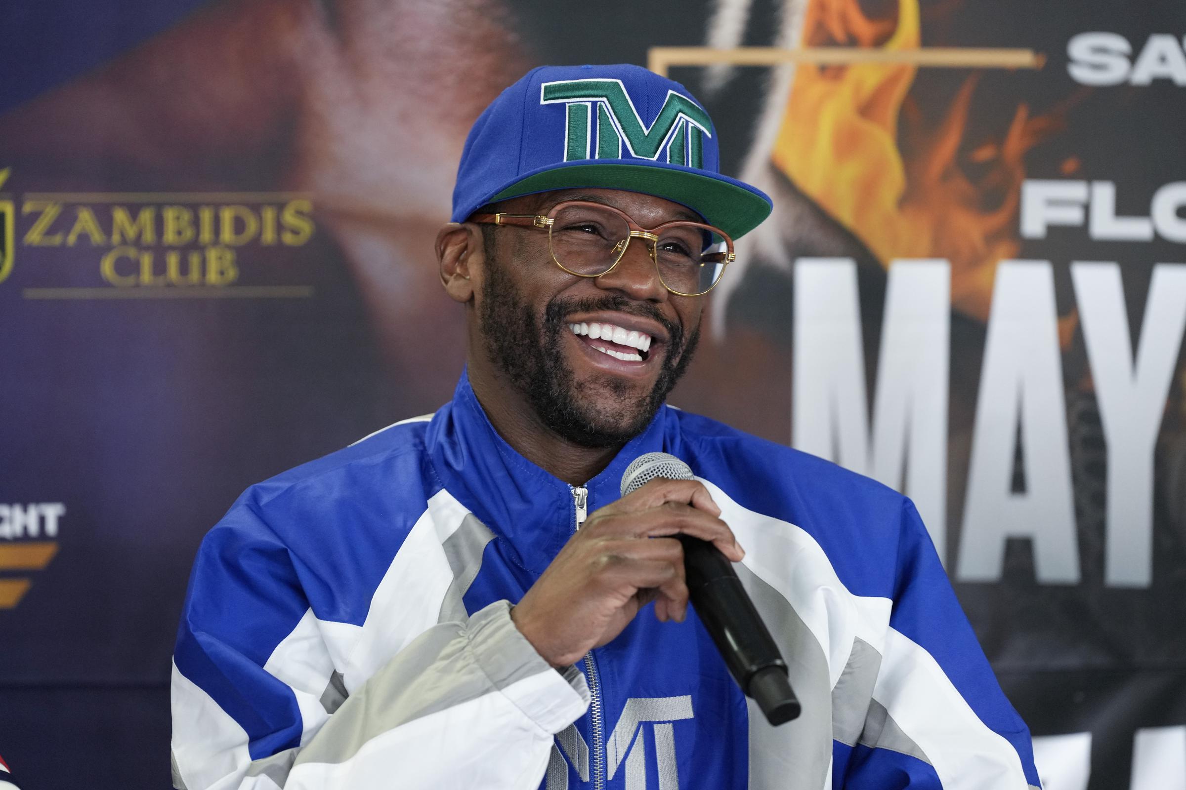 Floyd Mayweather speaks during a news conference to announce an upcoming full-contact exhibition match against kickboxer Mike Zambidis on May 7, 2026 | Source: Getty Images