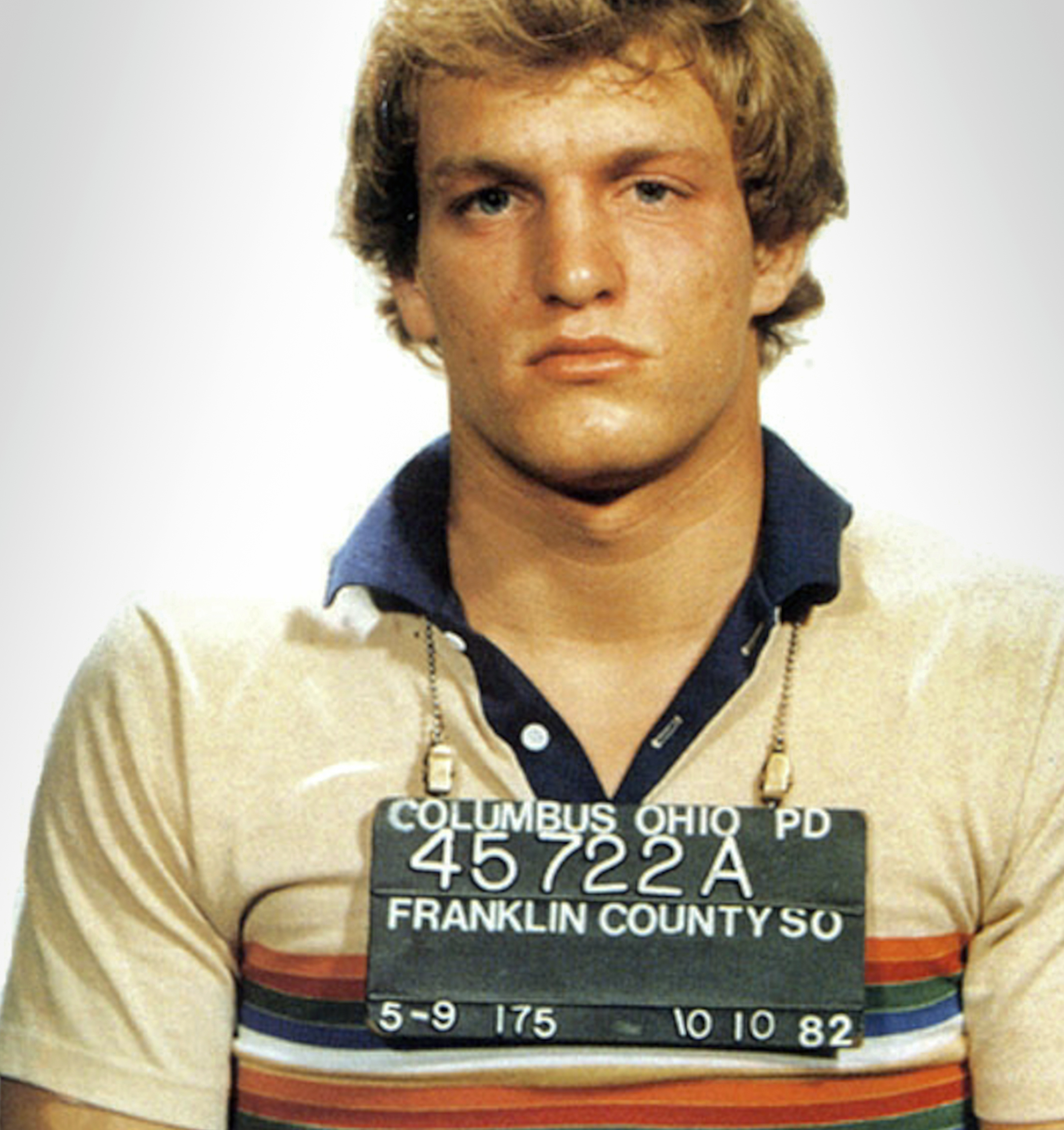 Woody Harrelson in a mug shot following his arrest for disturbing the peace in Columbus, Ohio, in October 1982. | Source: Getty Images