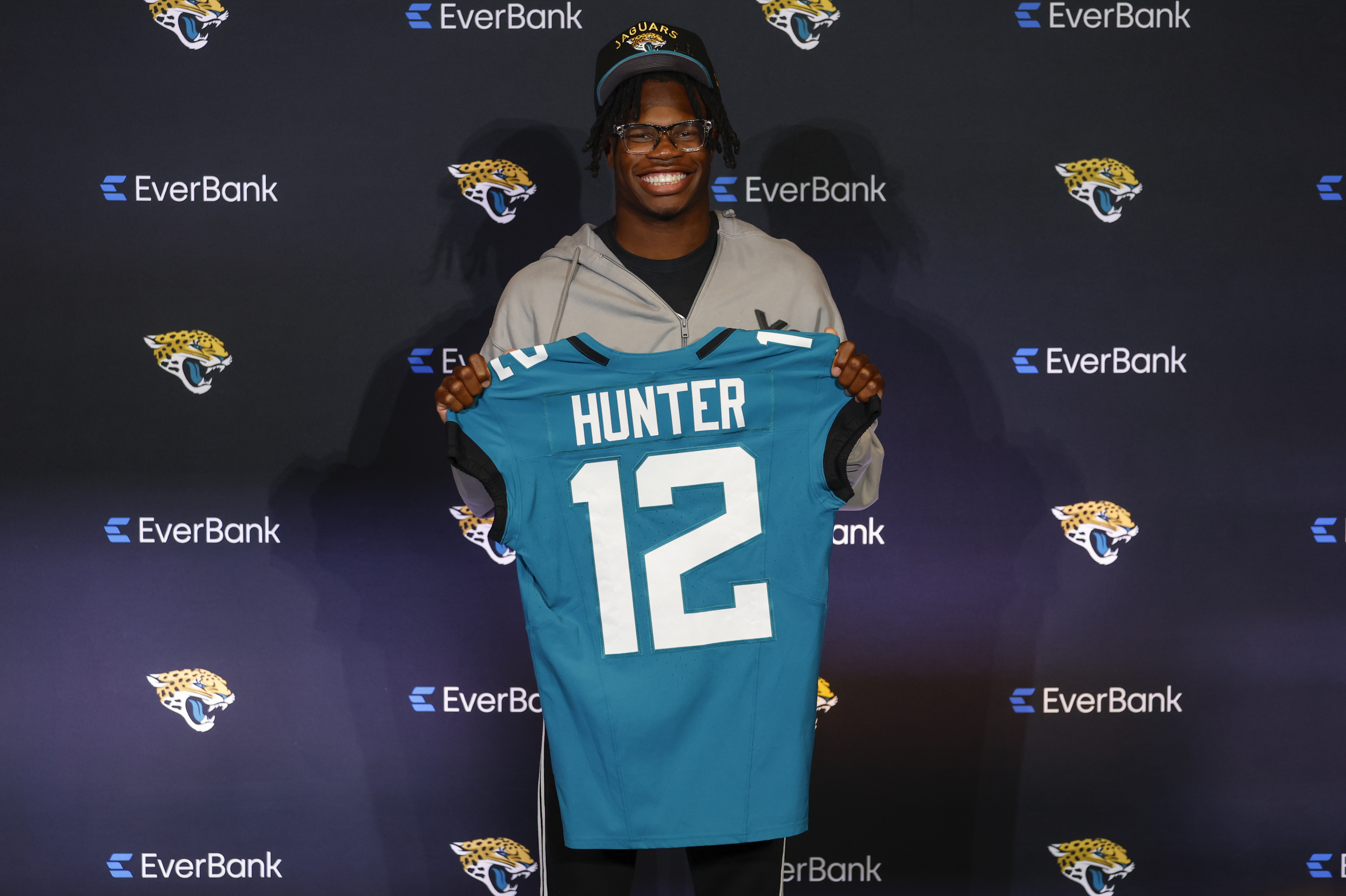 Travis Hunter during his Jacksonville Jaguars introduction on April 25, 2025, in Jacksonville, Florida. | Source: Getty Images