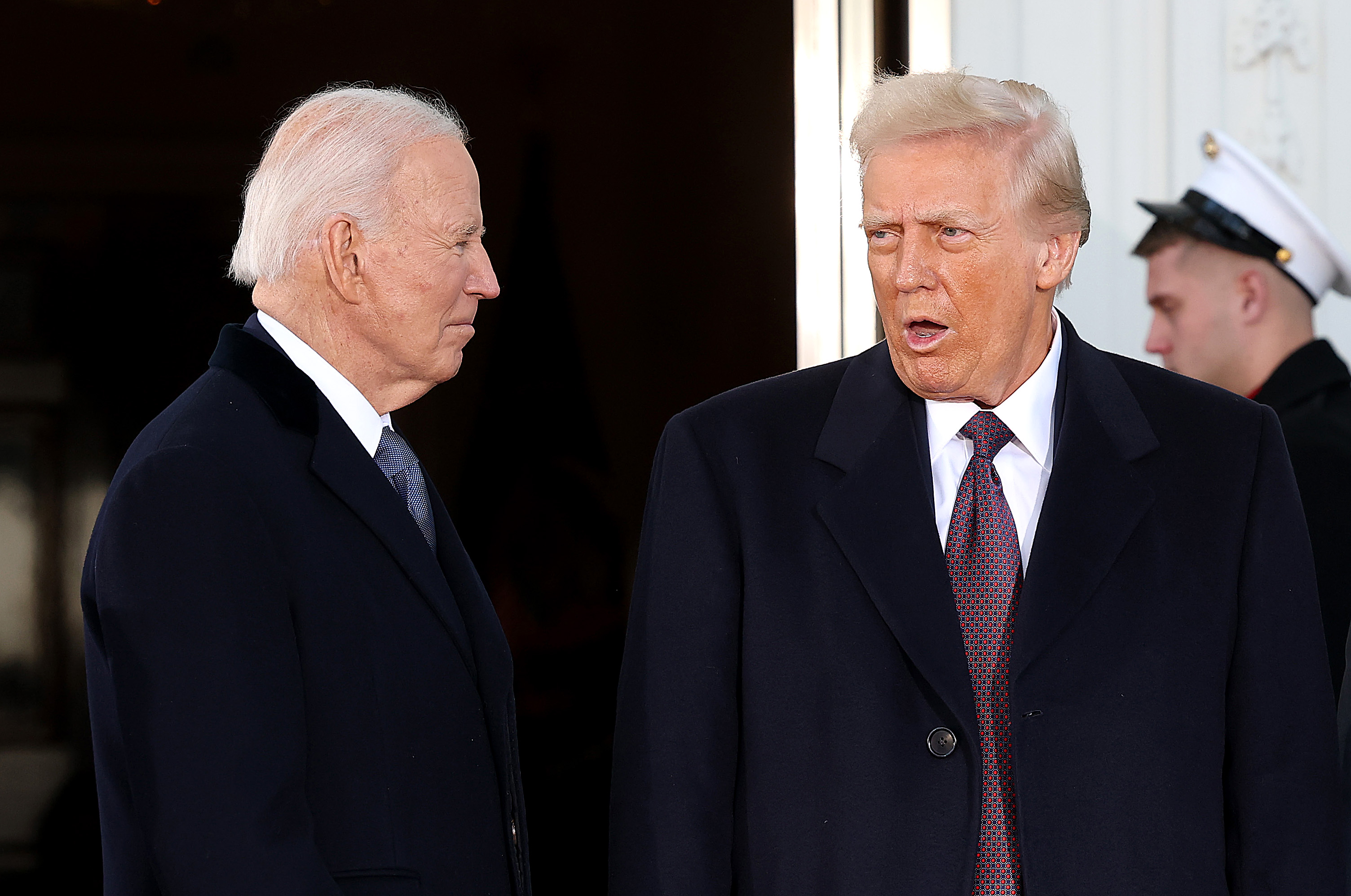 Joe Biden welcoming Donald Trump to the White House for his second term in Washington, D.C., on January 20, 2025. | Source: Getty Images