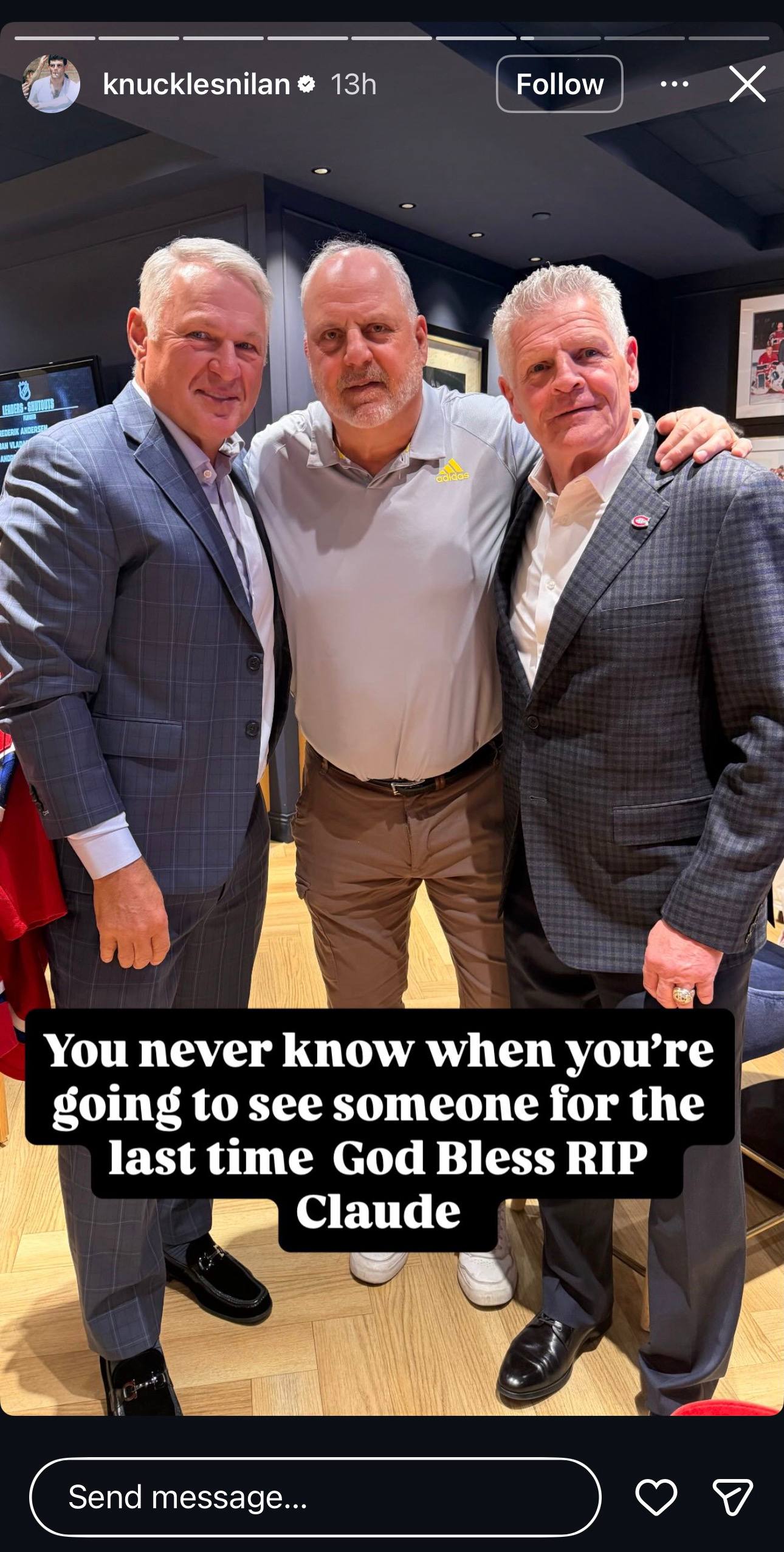 Claude Lemieux (left) poses with longtime hockey friends in a photo that would take on new meaning following his death. | Source: Instagram Story/knucklesnilan