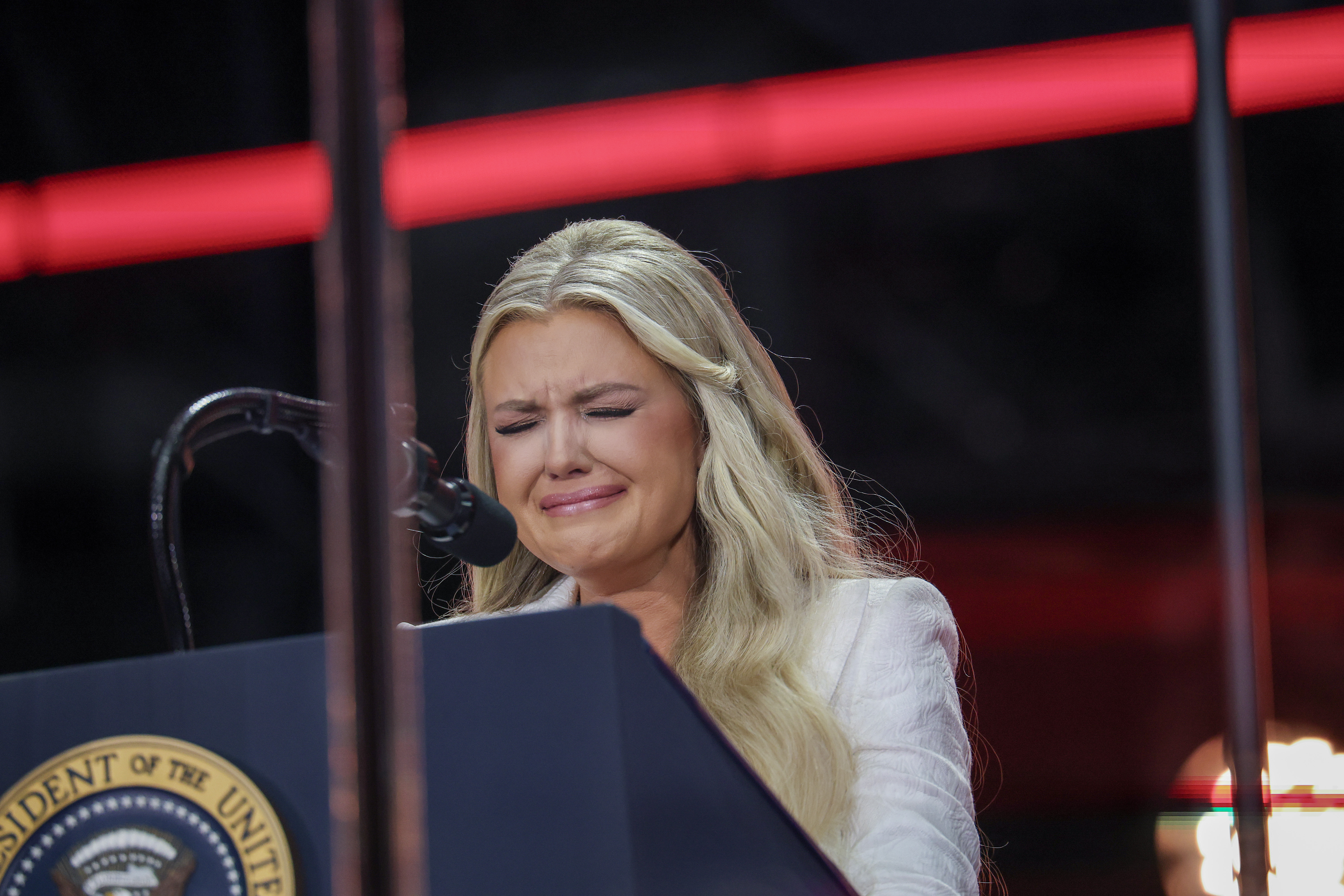 Erika Kirk crying at Charlie Kirk's memorial service in Arizona. | Source: Getty Images