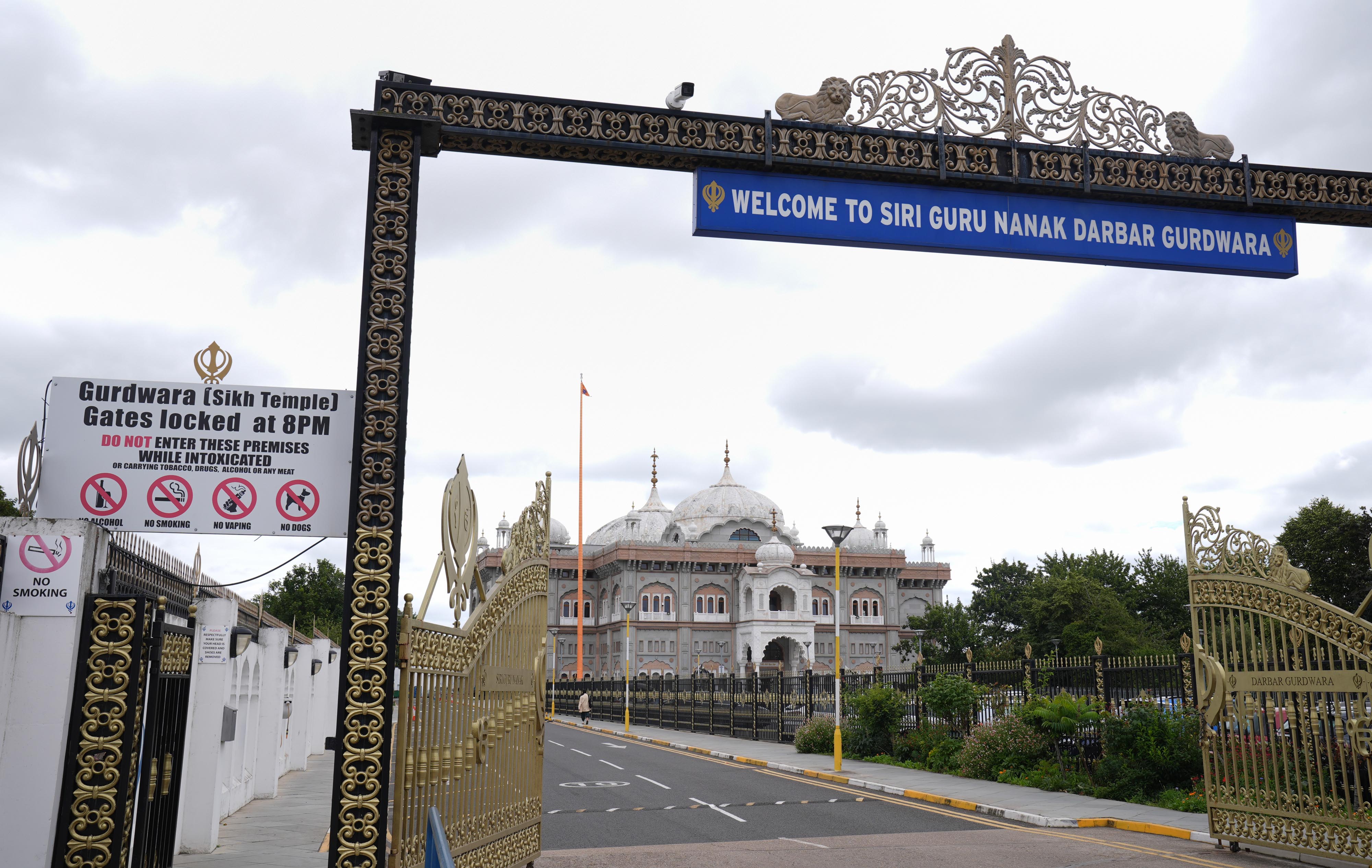 Front gate of the Guru Nanak Darbar Gurdwara temple in Gravesend, England on July 12, 2024. | Source: Getty Images