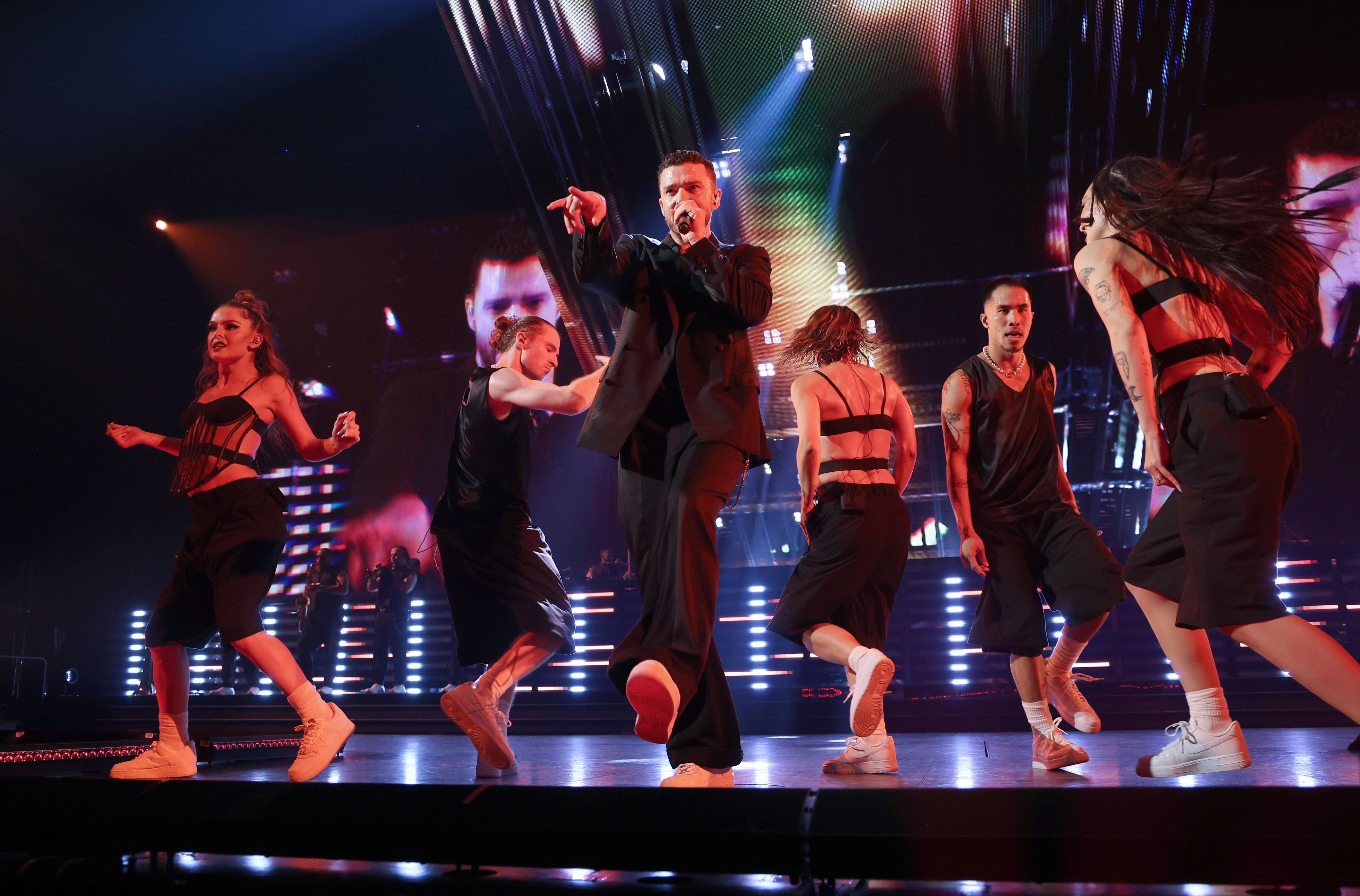 Justin Timberlake performs on stage during the "Forget Tomorrow" World Tour at The O2 Arena, London on August 12, 2024 | Source: Getty Images