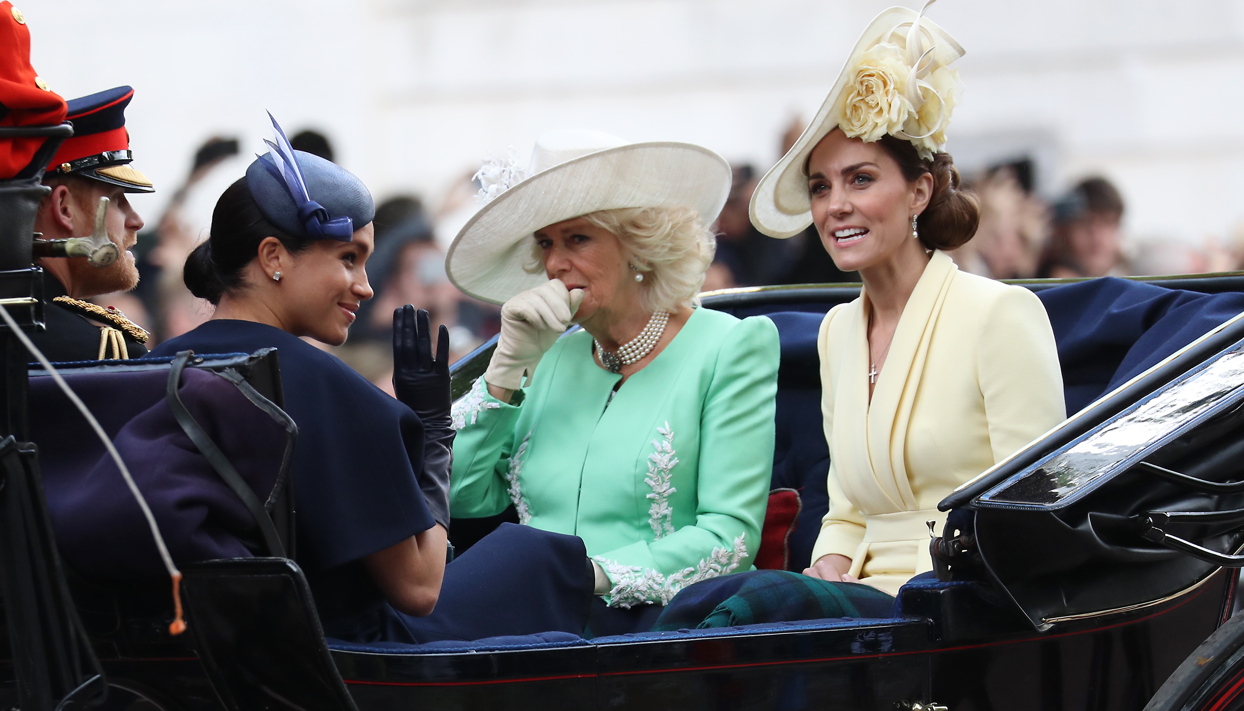 Prince Harry, Meghan Markle, Queen Camilla, and Princess Catherine ride the carriage during Trooping The Colour, on June 8, 2019, in London, England | Source: Getty Images