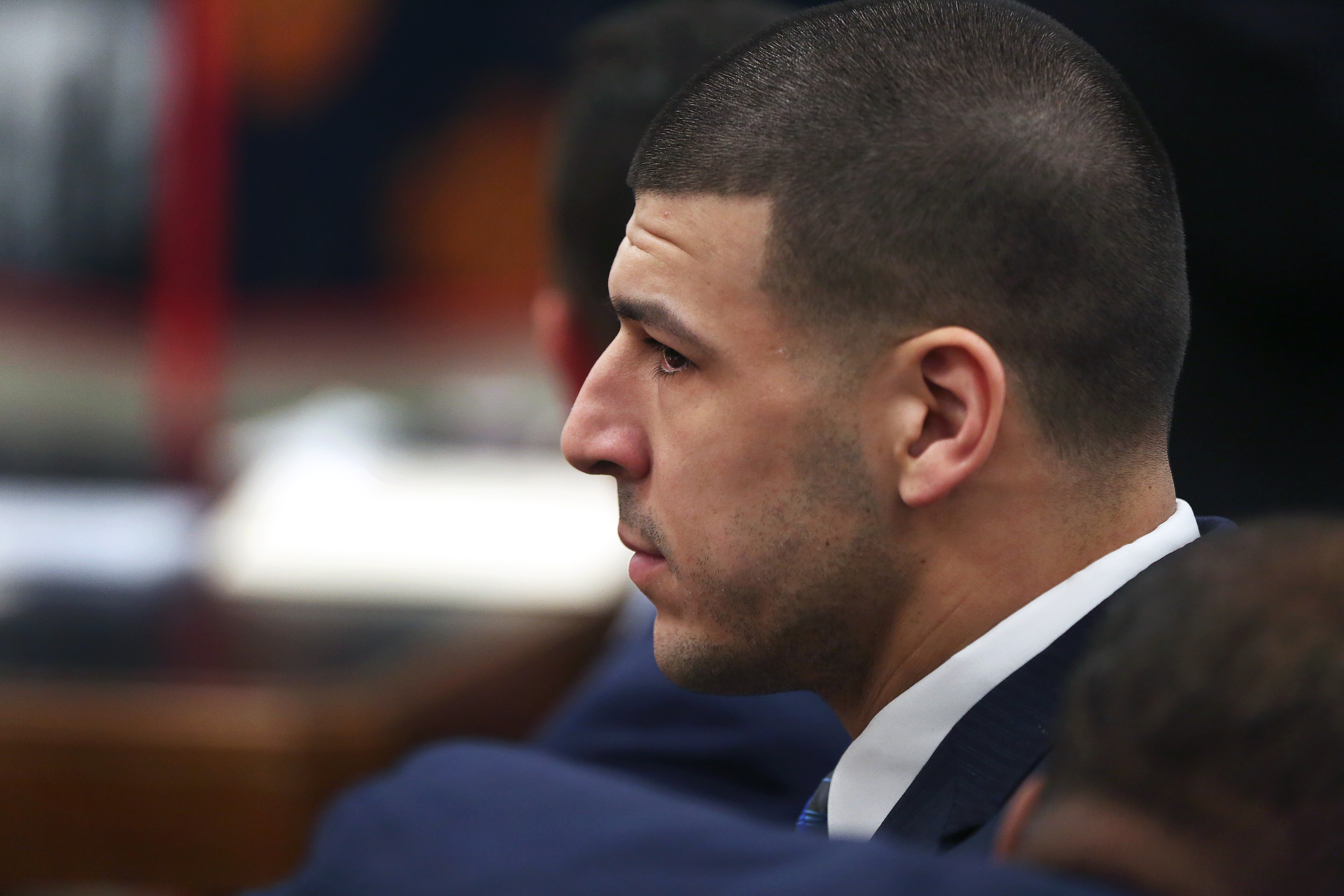 Aaron Hernandez appears in Suffolk Superior Court in Boston, Massachusetts, on February 14, 2017. | Source: Getty Images