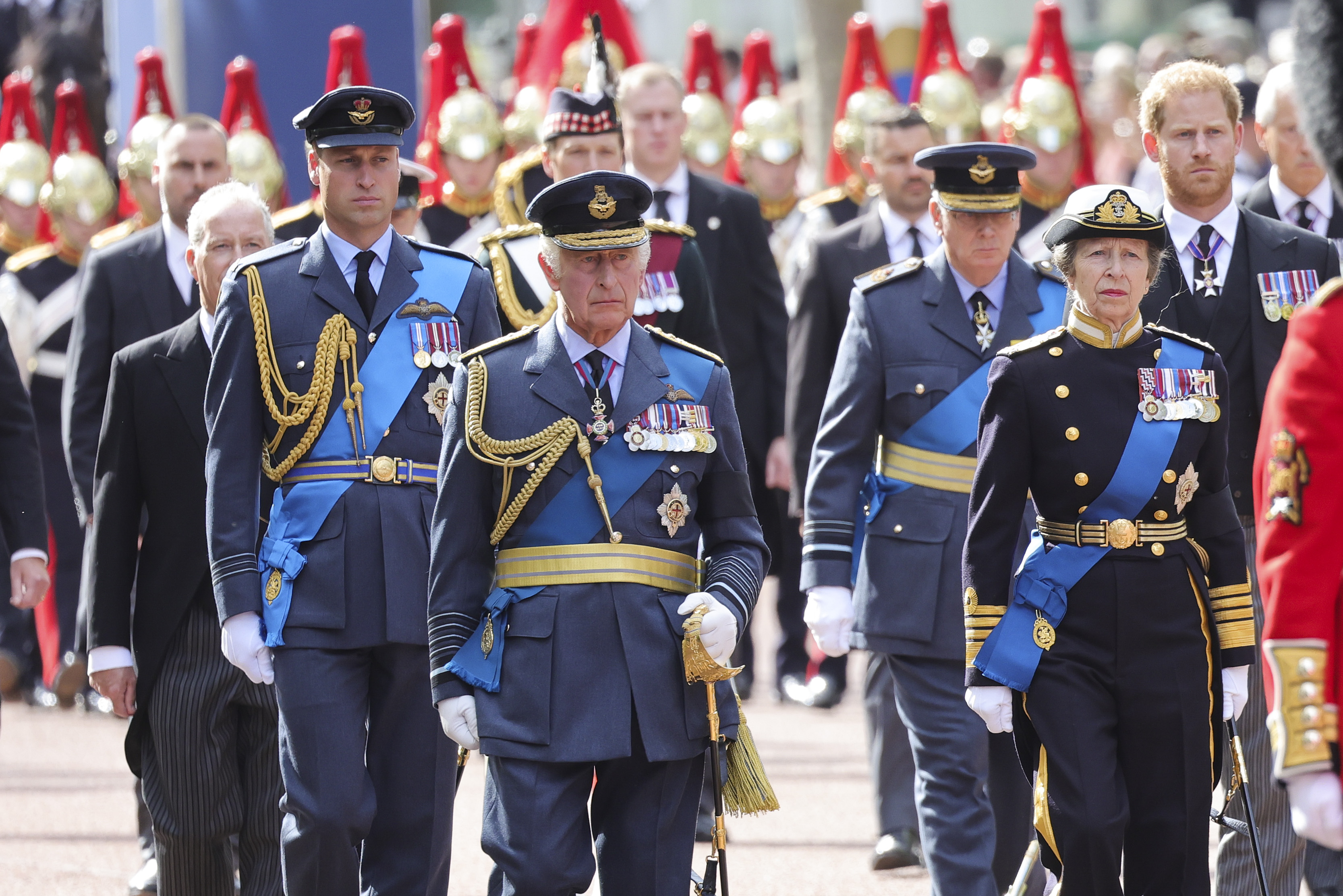 King Charles III, Prince William, Princess Anne, and Prince Harry joined the procession for Queen Elizabeth II in September 2022. Harry remains fifth in line to the throne despite no longer serving as a working member of the Royal Family, while Archie and Lilibet remain sixth and seventh. | Source: Getty Images