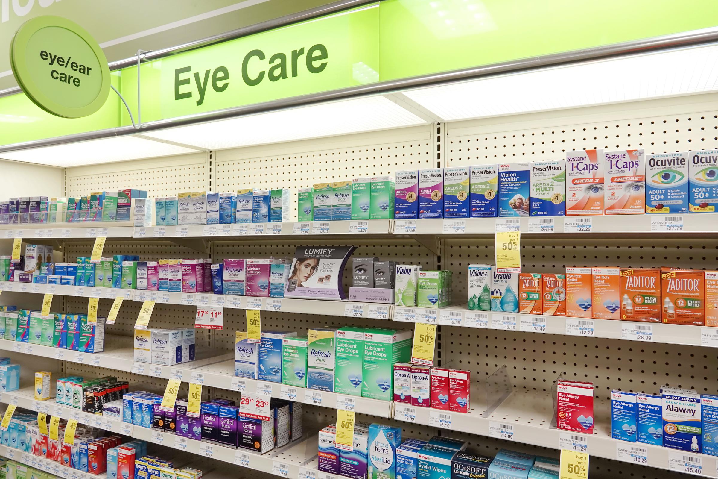 Eye care products on display at a CVS pharmacy; photo taken in 2018. | Source: Getty Images