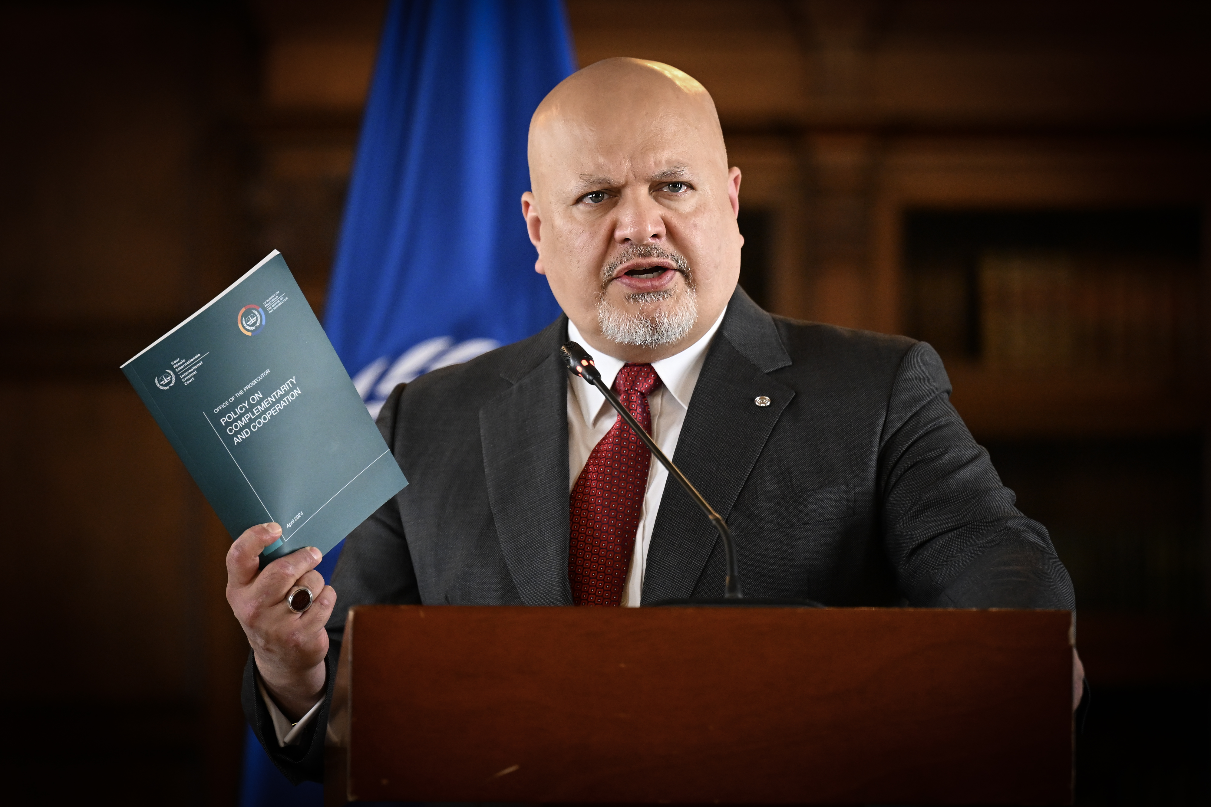 International Criminal Court (ICC) Prosecutor Karim Khan speaks during a press conference at the San Carlos Palace on April 25, 2024, in Bogota. | Source: Getty Images