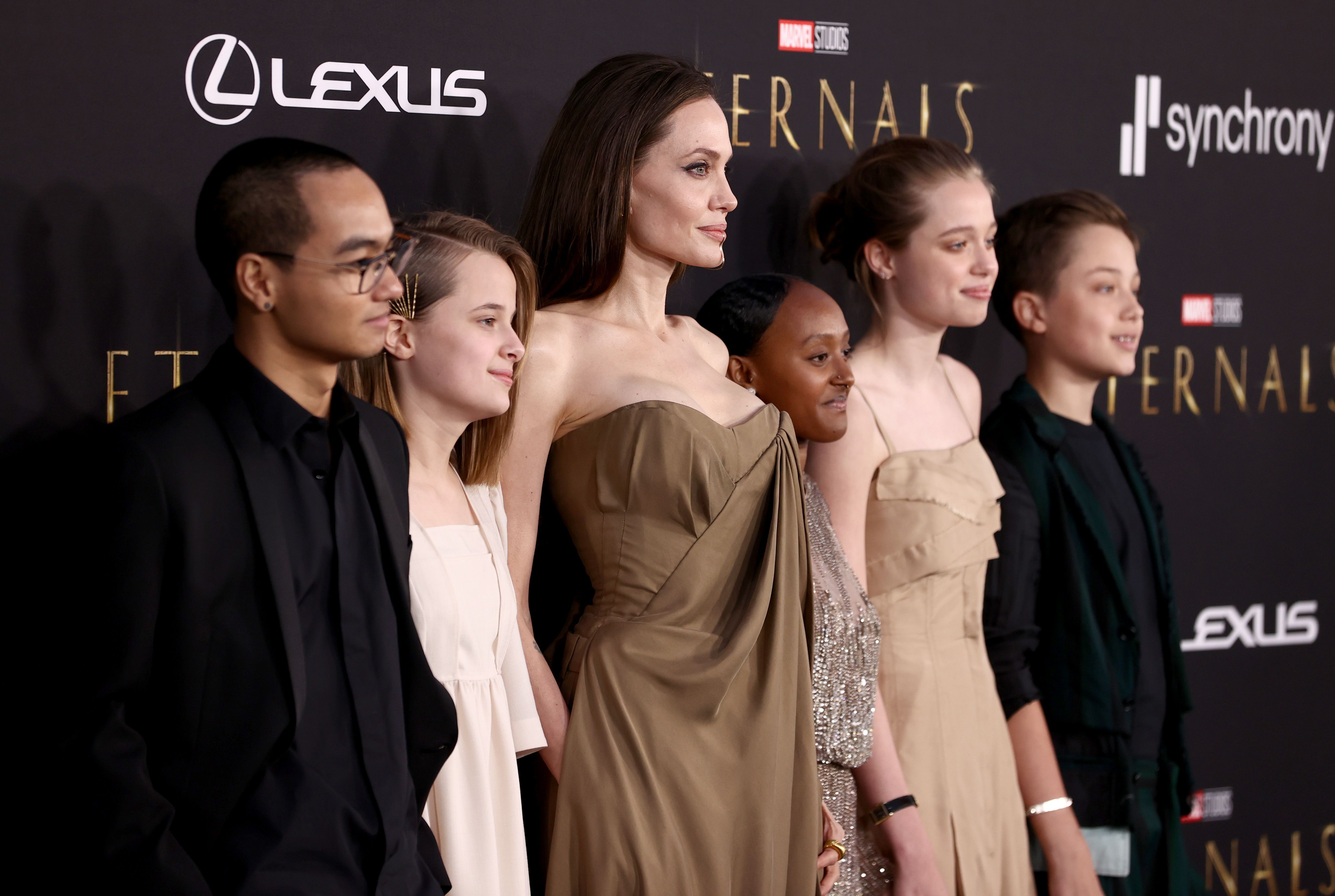 Angelina Jolie and her children Maddox, Vivienne, Knox, Shiloh, and Zahara Jolie-Pitt attend Marvel Studios' "Eternals" premiere on October 18, 2021, in Los Angeles, California | Source: Getty Images