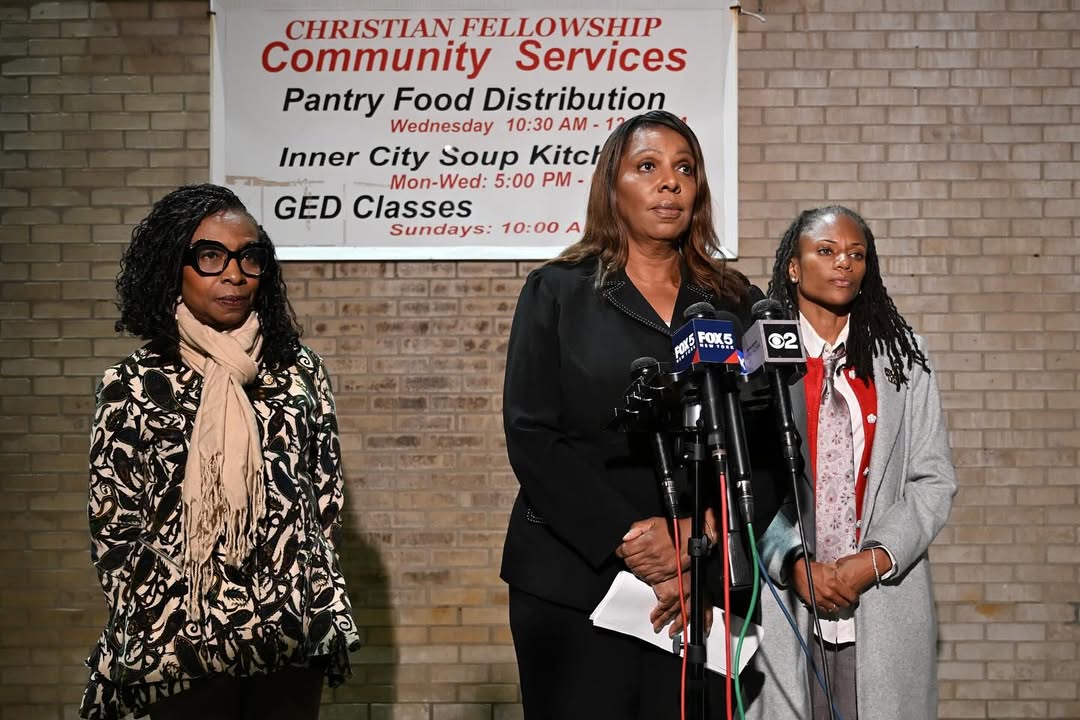 Leticia James and two other women are at the Brooklyn Christian Fellowship Seventh-day Adventist Church on November 4, 2025. | Source: Instagram/newyorkstateag