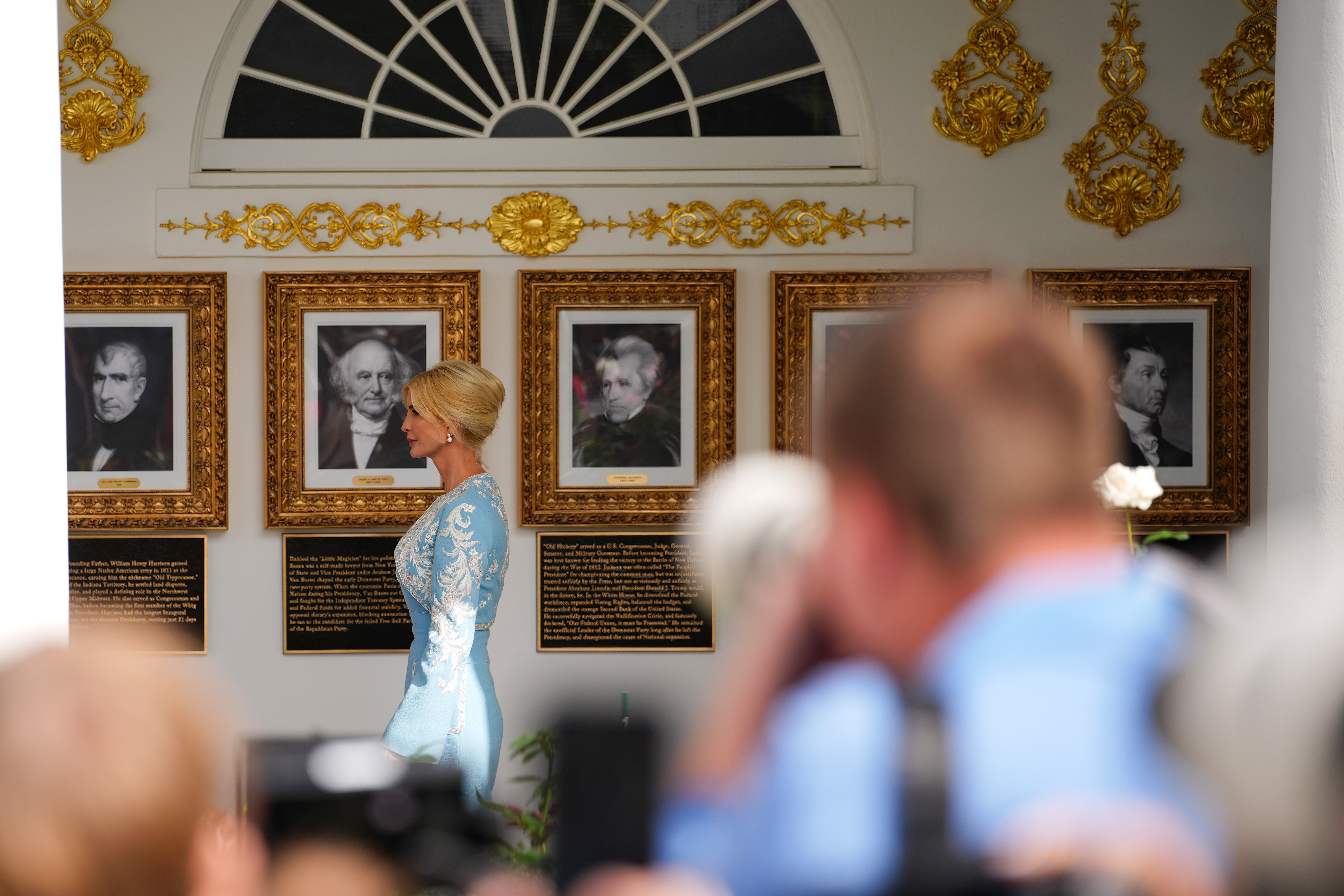 Ivanka Trump was captured in profile as she walked along the Colonnade of the White House on September 24, 2026, in Washington, DC, on her way to a Military Review in the Rose Garden. Framed past foreground spectators and flanked by framed presidential portraits with ornate gold trim, she carried herself with poise in her powder-blue tailored outfit and updo during the high-profile state visit of Chinese President Xi Jinping. | Source: Getty Images