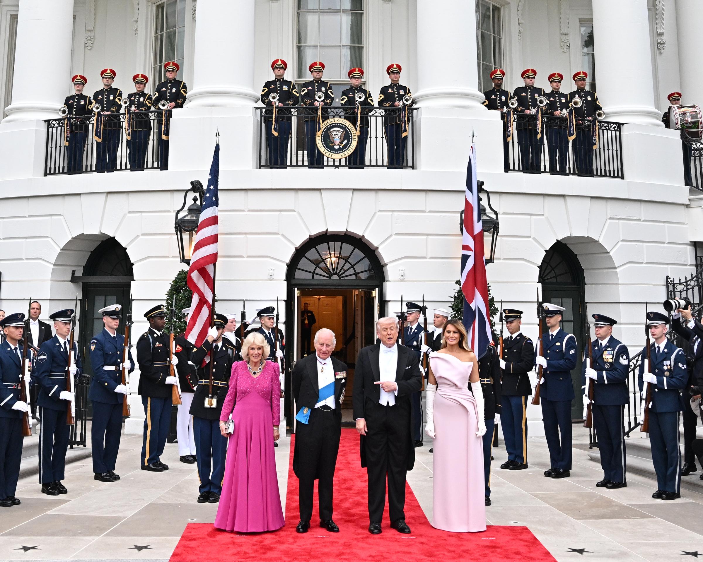 King Charles III, Queen Camilla, Donald and Melania Trump pose outside the White House during the state dinner in Washington, D.C. | Source: Getty Images