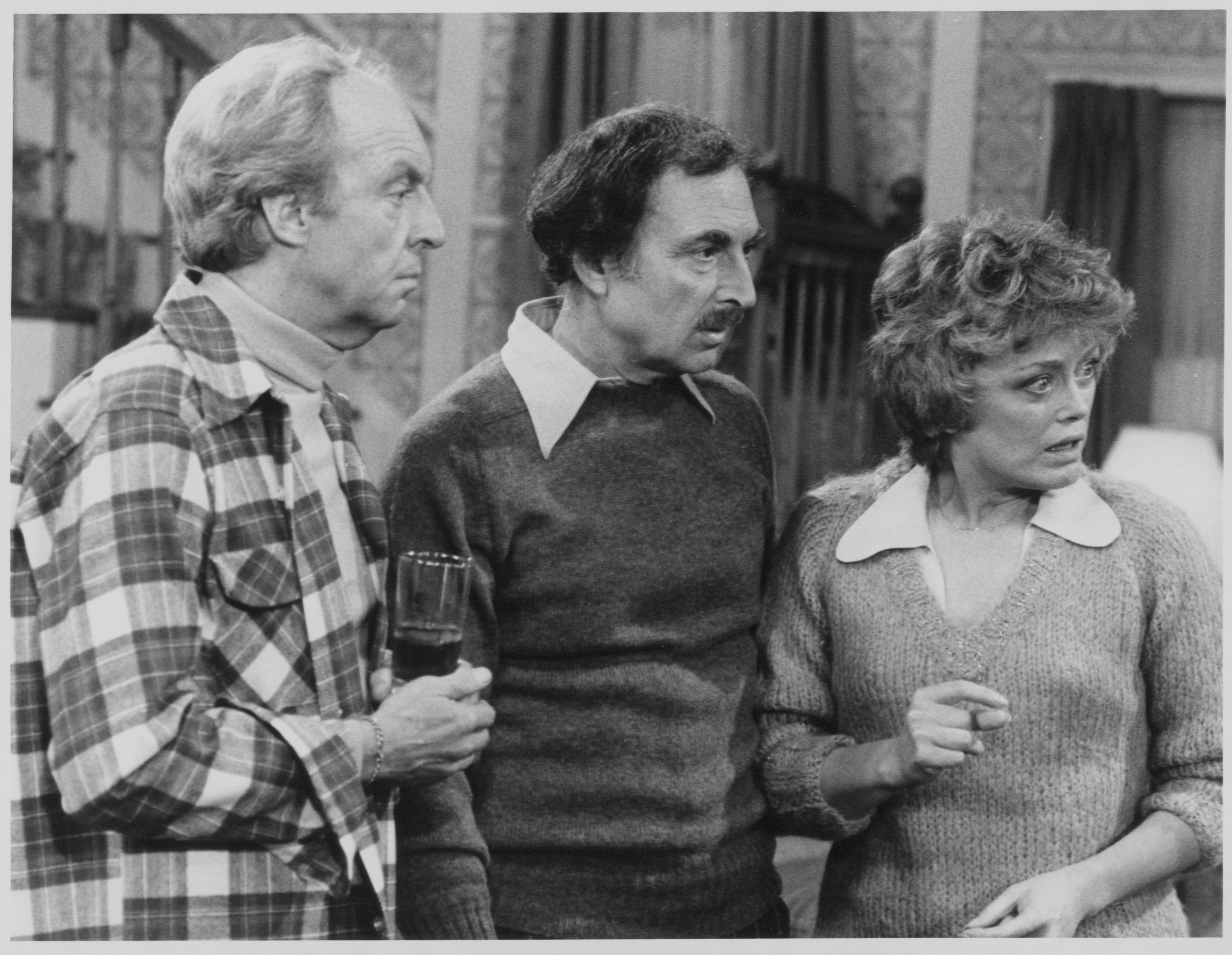 Conrad Bain as Arthur Harmon, Bill Macy as Walter Findlay, and Rue McClanahan as Vivian Harmon in a scene from Maude in December 1977. Bain's role as Arthur helped establish him as a recognizable television comedy actor. | Source: Getty Images