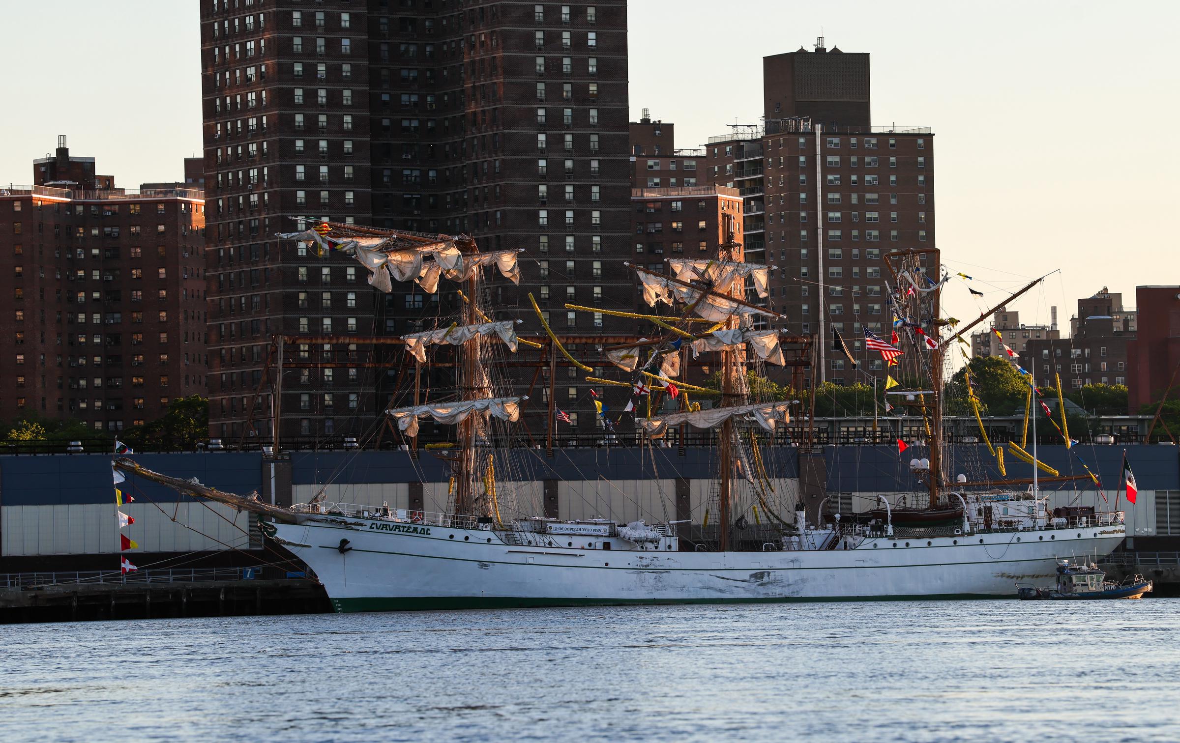 The Mexican Navy sailing ship that crashed into the Brooklyn Bridge sits moored in lower Manhattan on May 18, 2025 in New York City. | Source: Getty Images