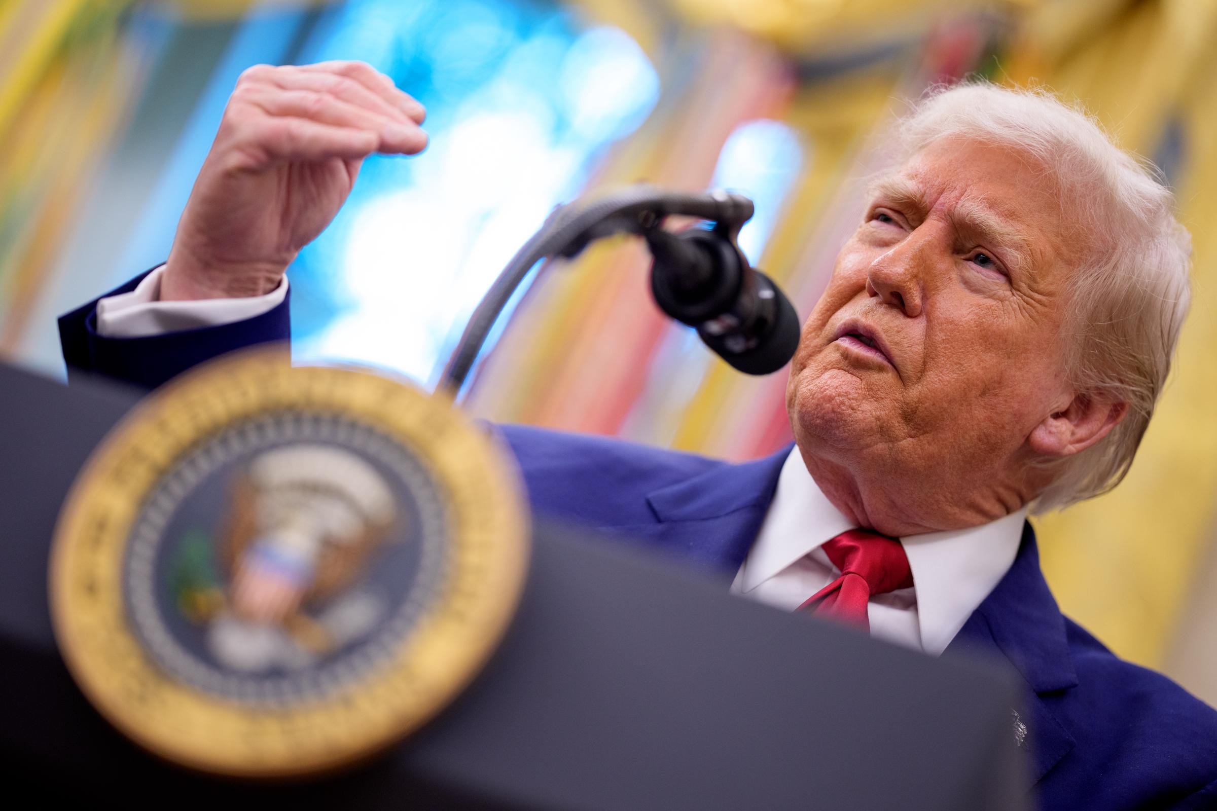 President Donald Trump speaks during a swearing in ceremony for interim U.S. Attorney for Washington, D.C. Jeanine Pirro in the Oval Office of the White House on May 28, 2025, in Washington, DC. | Source: Getty Images
