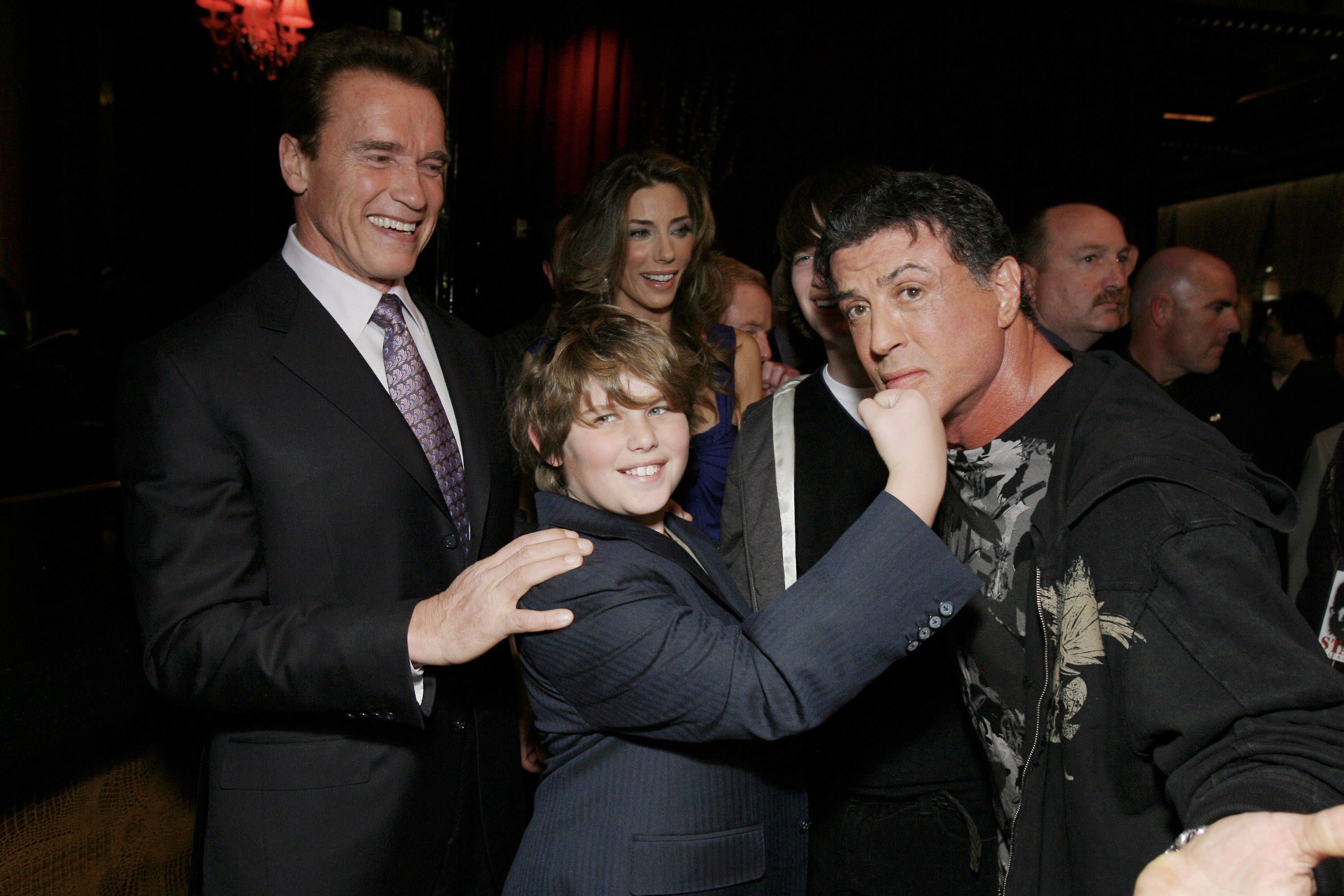 Governor Arnold Schwarzenegger, Christopher Schwarzenegger, Jennifer Flavin, Patrick Schwarzenegger, and Sylvester Stallone at the world premiere of "Rambo" on January 24, 2008, in Las Vegas, Nevada | Source: Getty Images
