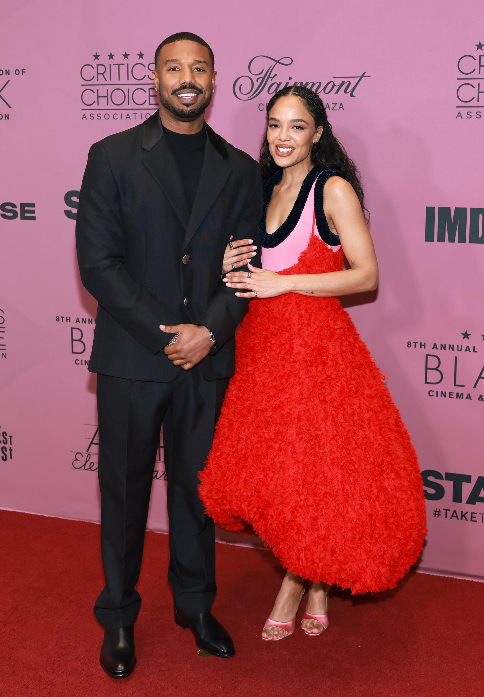 Michael B. Jordan and Tessa Thompson at The Critics' Choice Association's 8th Annual Celebration of Black Cinema & Television in Los Angeles, California on December 9, 2025. | Source: Getty Images