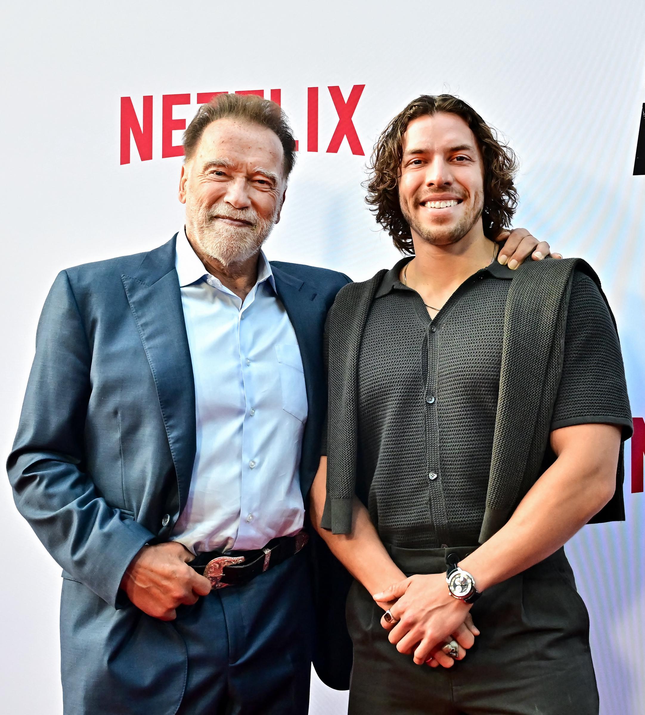Arnold Schwarzenegger and son Joseph Baena attend the premiere of Netflix's "Fubar", Season 2, at the Tudum Theater in Los Angeles on June 11, 2025. | Source: Getty Images