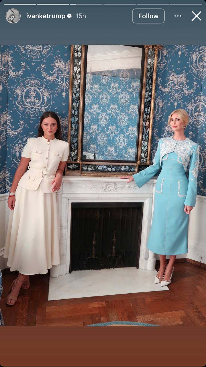 Flanking the white marble fireplace inside a White House reception room, Arabella Kushner posed alongside mother Ivanka Trump in a chic ivory Self-Portrait ensemble on September 24, 2026. The teenager looked graceful in a short-sleeved belted jacket featuring flap pockets and crystal-embellished buttons, paired with a pleated midi skirt and nude strappy sandals, set against the room's intricate blue-and-white damask wall coverings and a grand gilt-framed mirror. | Source: Instagram/ivankatrump