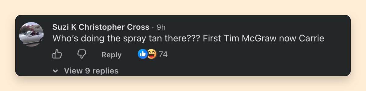 A viewer questioned Carrie's noticeably warm complexion and compared her look to Tim McGraw's. | Source: Facebook/Music Mayhem