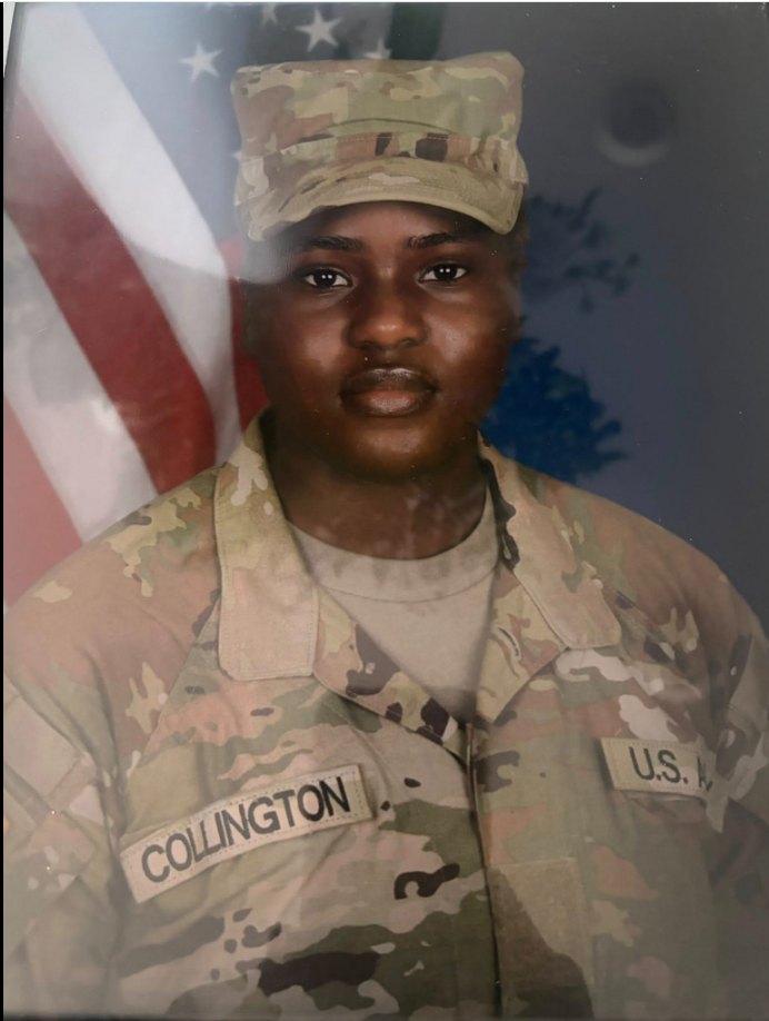 Specialist Mariyah Symone Collington poses in her U.S. Army camouflage uniform as seen in a post dated May 14, 2026. | Source: Facebook/Lake and Sumter Style Magazine