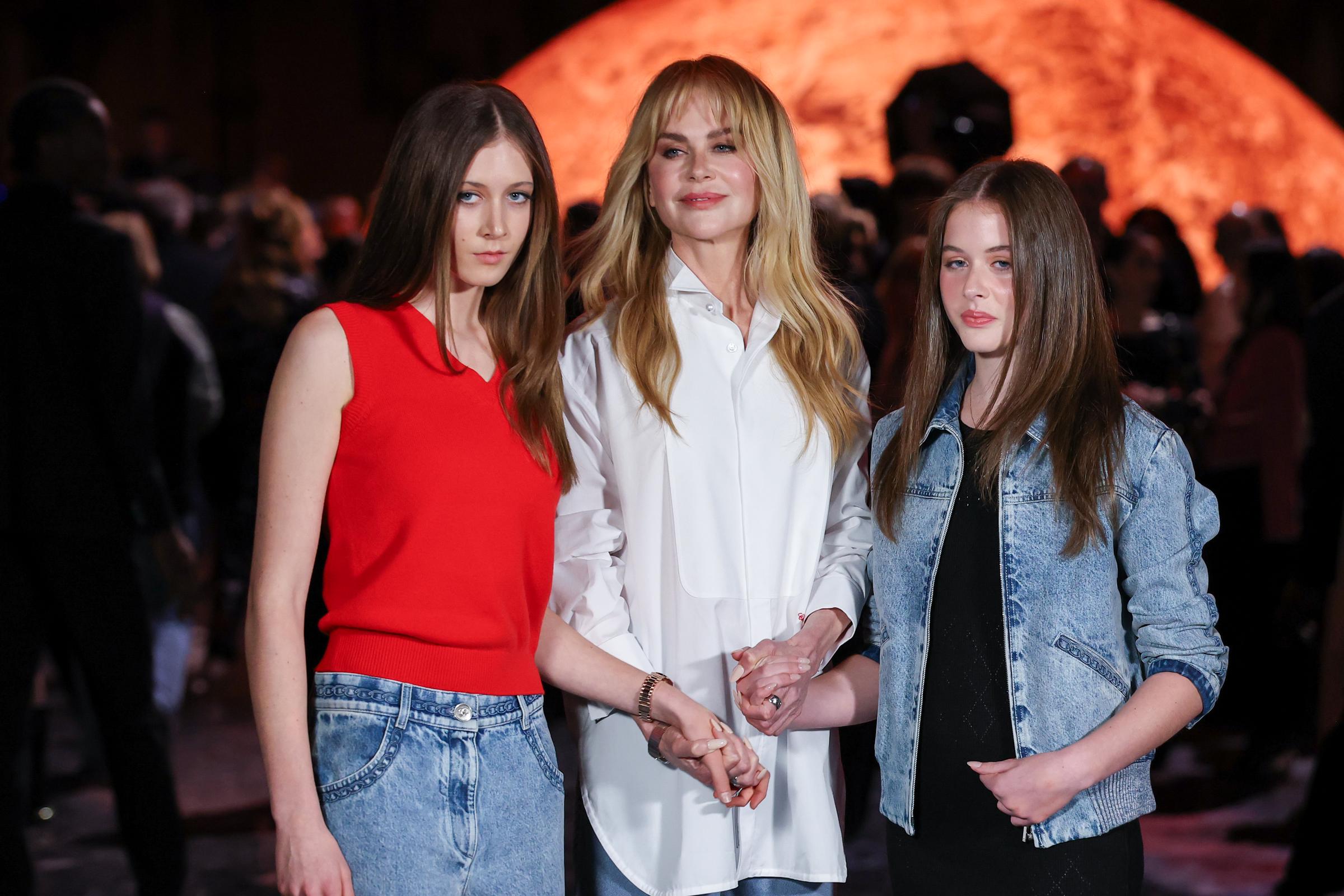 Sunday Rose Kidman-Urban, Nicole Kidman, and Faith Margaret Kidman-Urban at the Chanel Womenswear Spring/Summer 2026 show during Paris Fashion Week in France on October 6, 2025. | Source: Getty Images